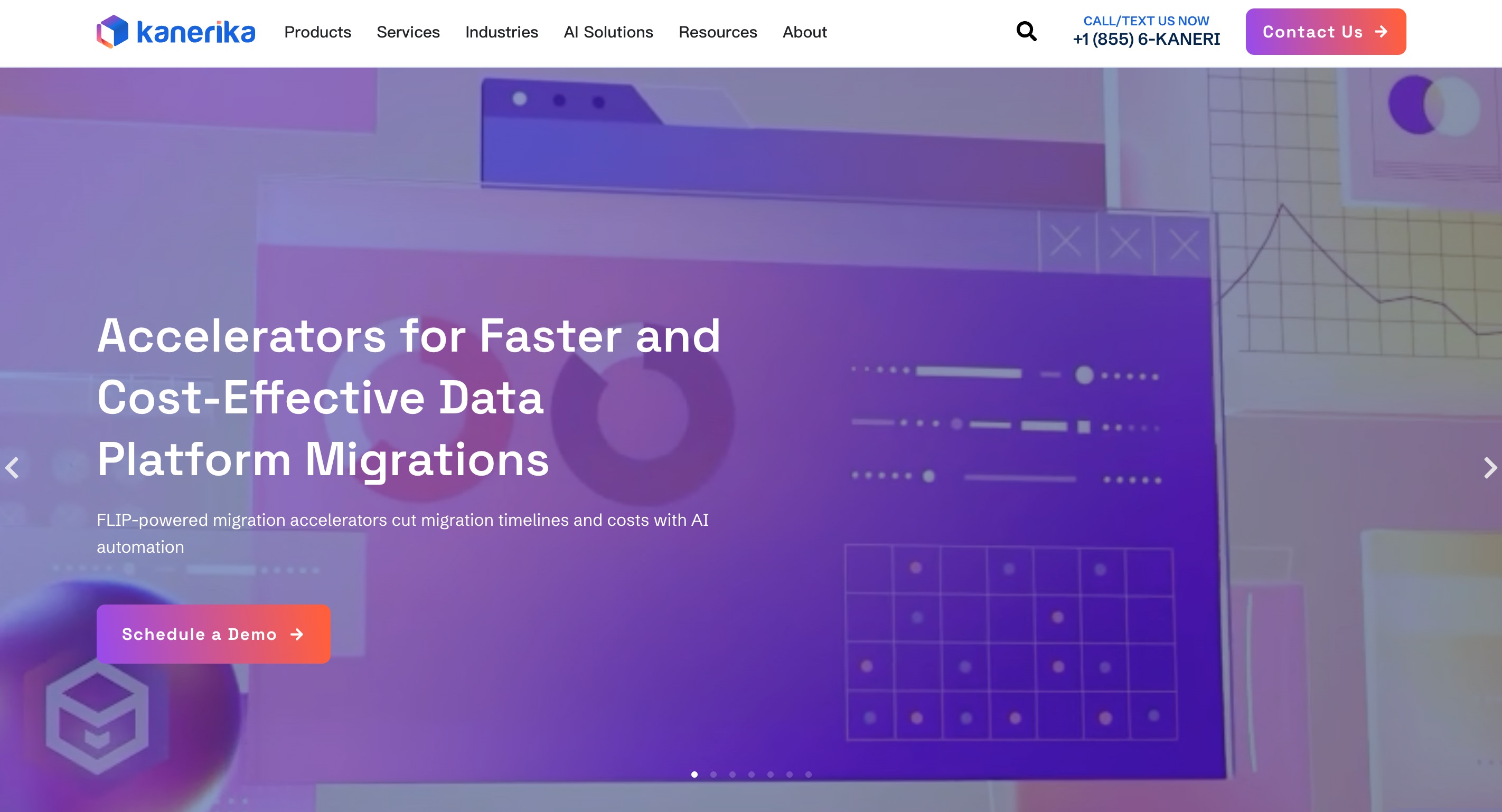 Kanerika home page promoting FLIP-powered accelerators for faster and more cost-effective data platform migrations