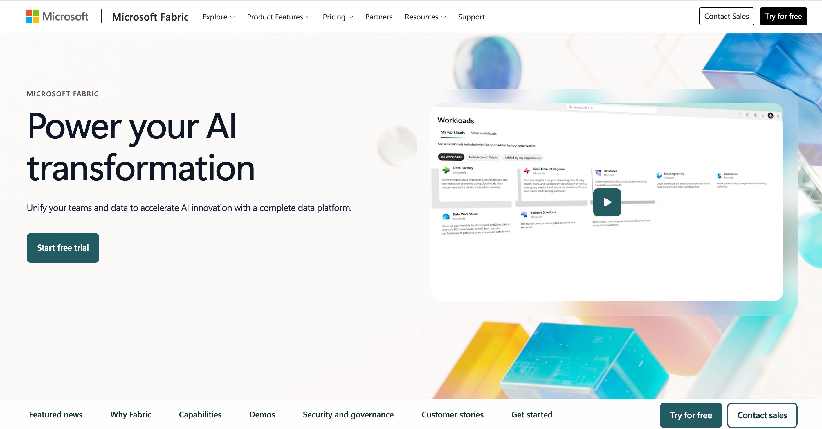 Microsoft Fabric home page headlined 