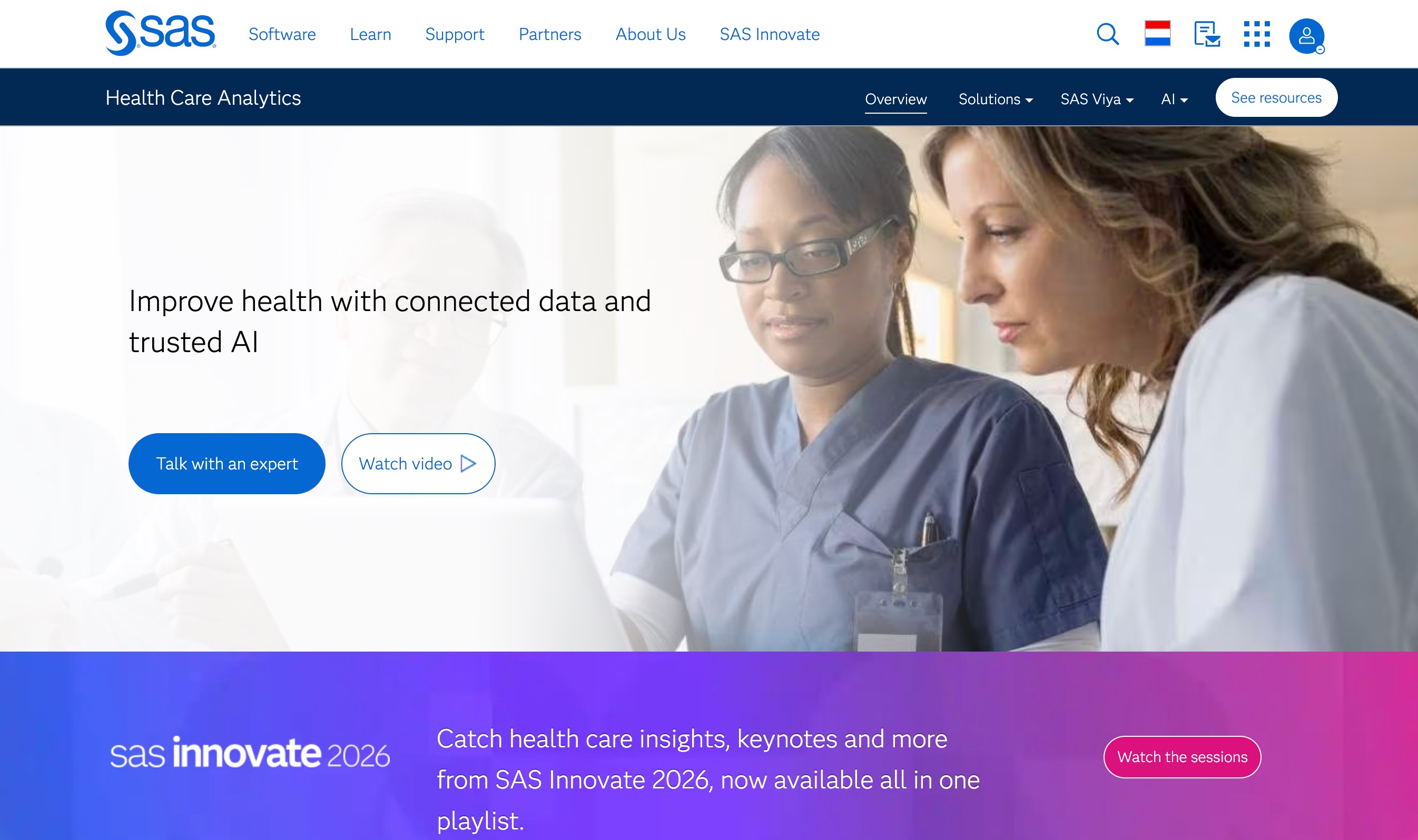 SAS Health Care Analytics page headlined 