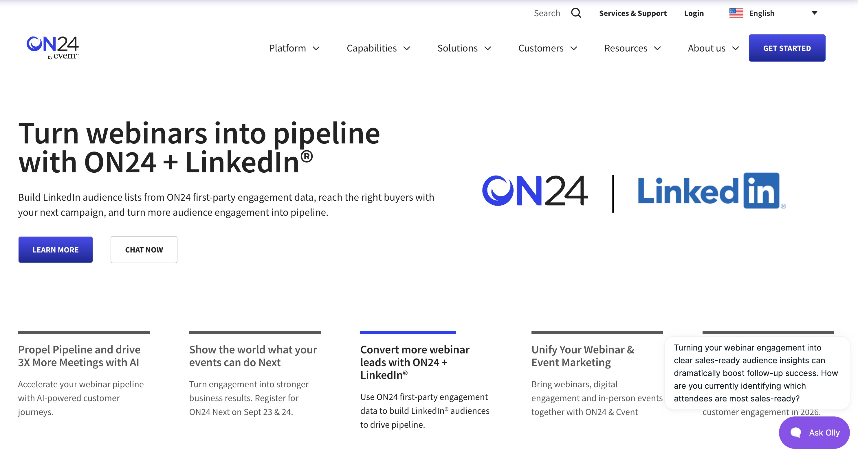 ON24 home page headlined “Turn webinars into pipeline with ON24 + LinkedIn”, pairing the ON24 and LinkedIn logos above cards about pipeline, engagement and event marketing