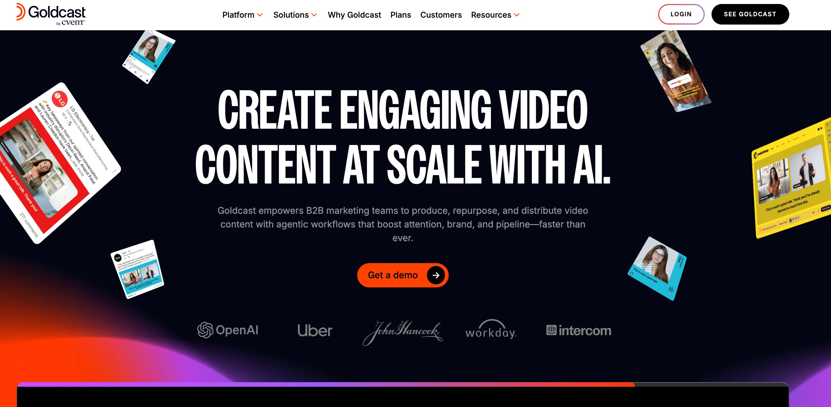 Goldcast home page headlined “Create engaging video content at scale with AI”, with floating social-post mockups and customer logos including OpenAI, Uber and Workday