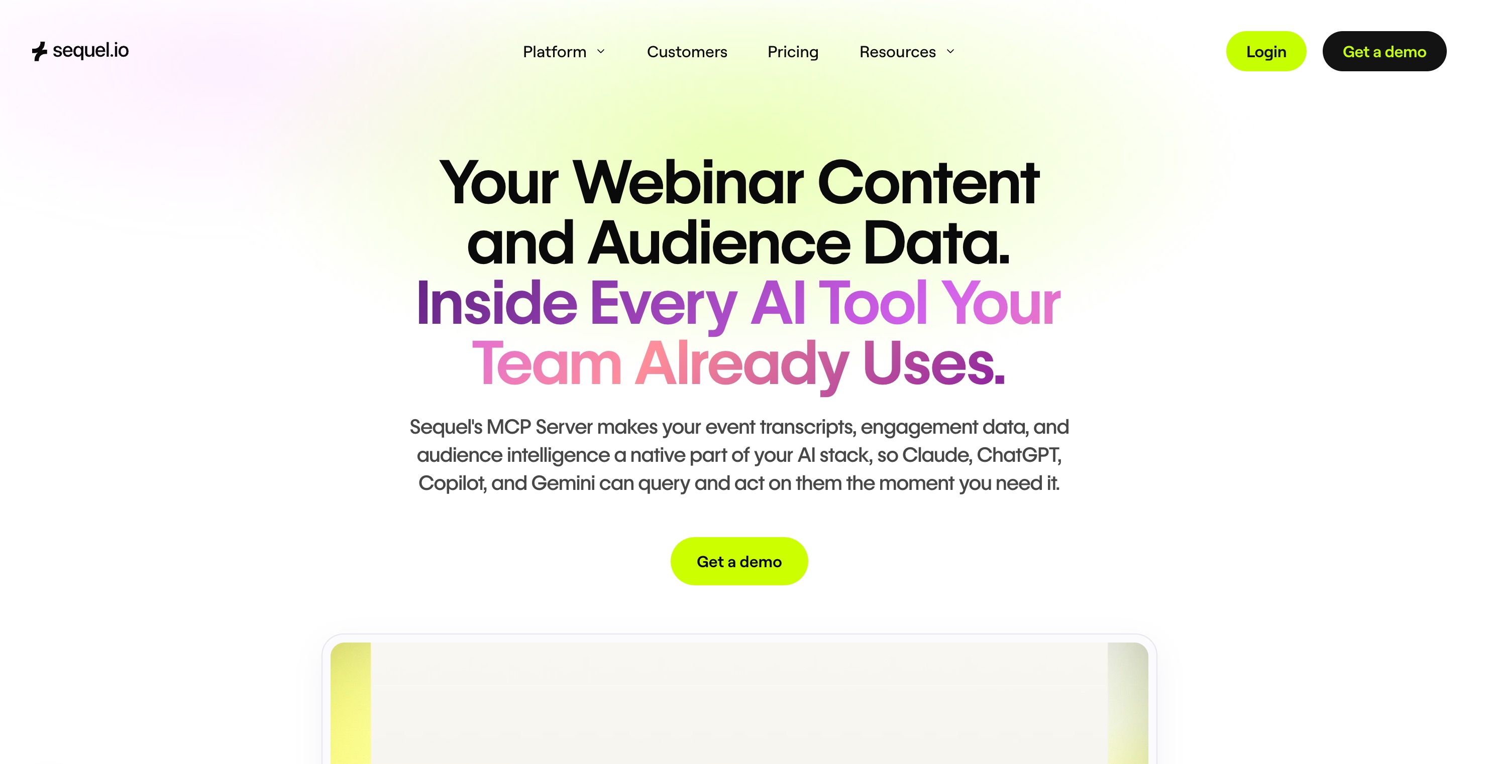 Sequel.io home page headlined “Your Webinar Content and Audience Data. Inside Every AI Tool Your Team Already Uses.”, describing an MCP server that exposes event transcripts and engagement data