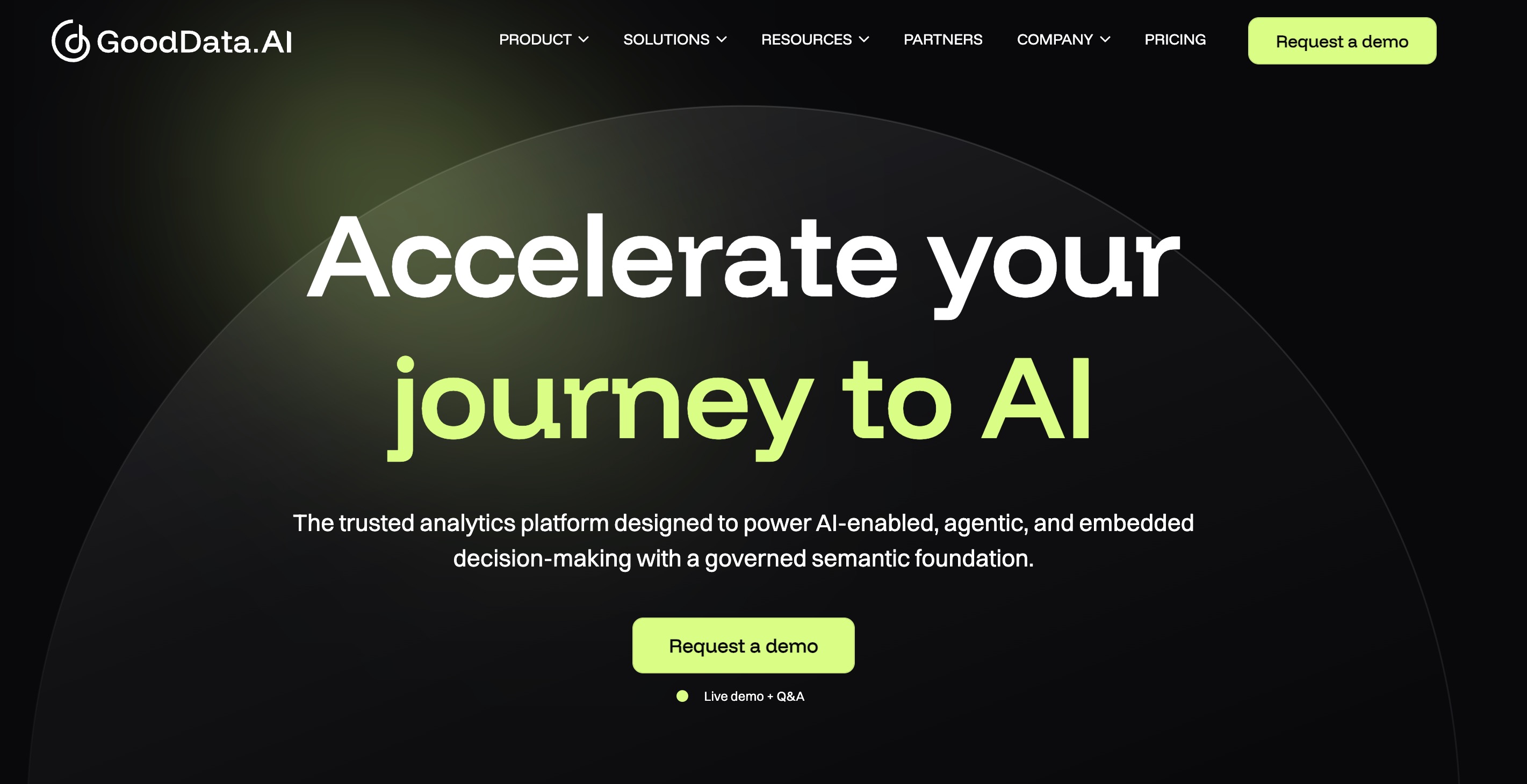 GoodData.AI home page headlined “Accelerate your journey to AI”, describing an analytics platform with a governed semantic foundation