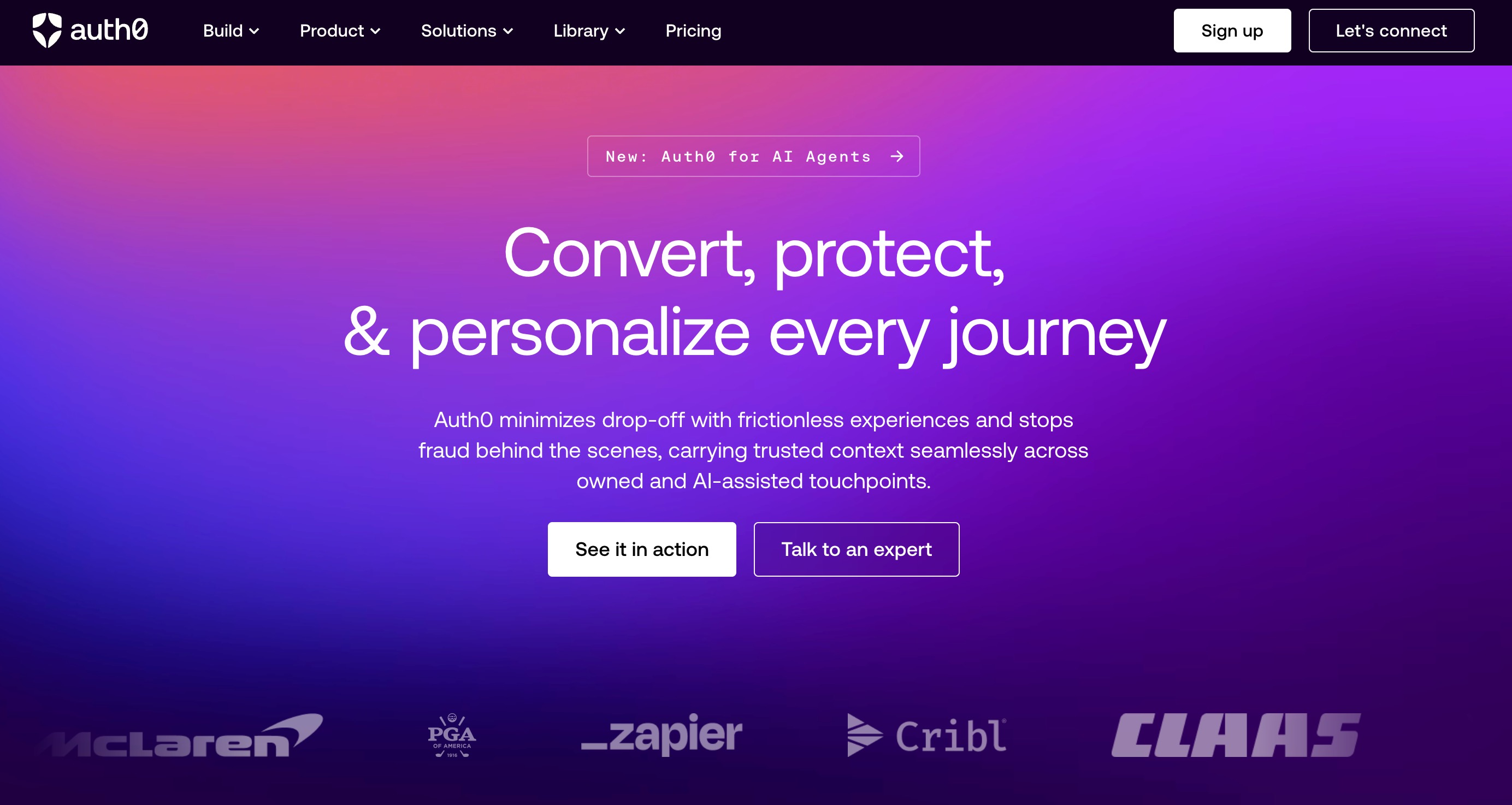 Auth0 home page headlined “Convert, protect, & personalize every journey” with an “Auth0 for AI Agents” banner and customer logos including McLaren and Zapier