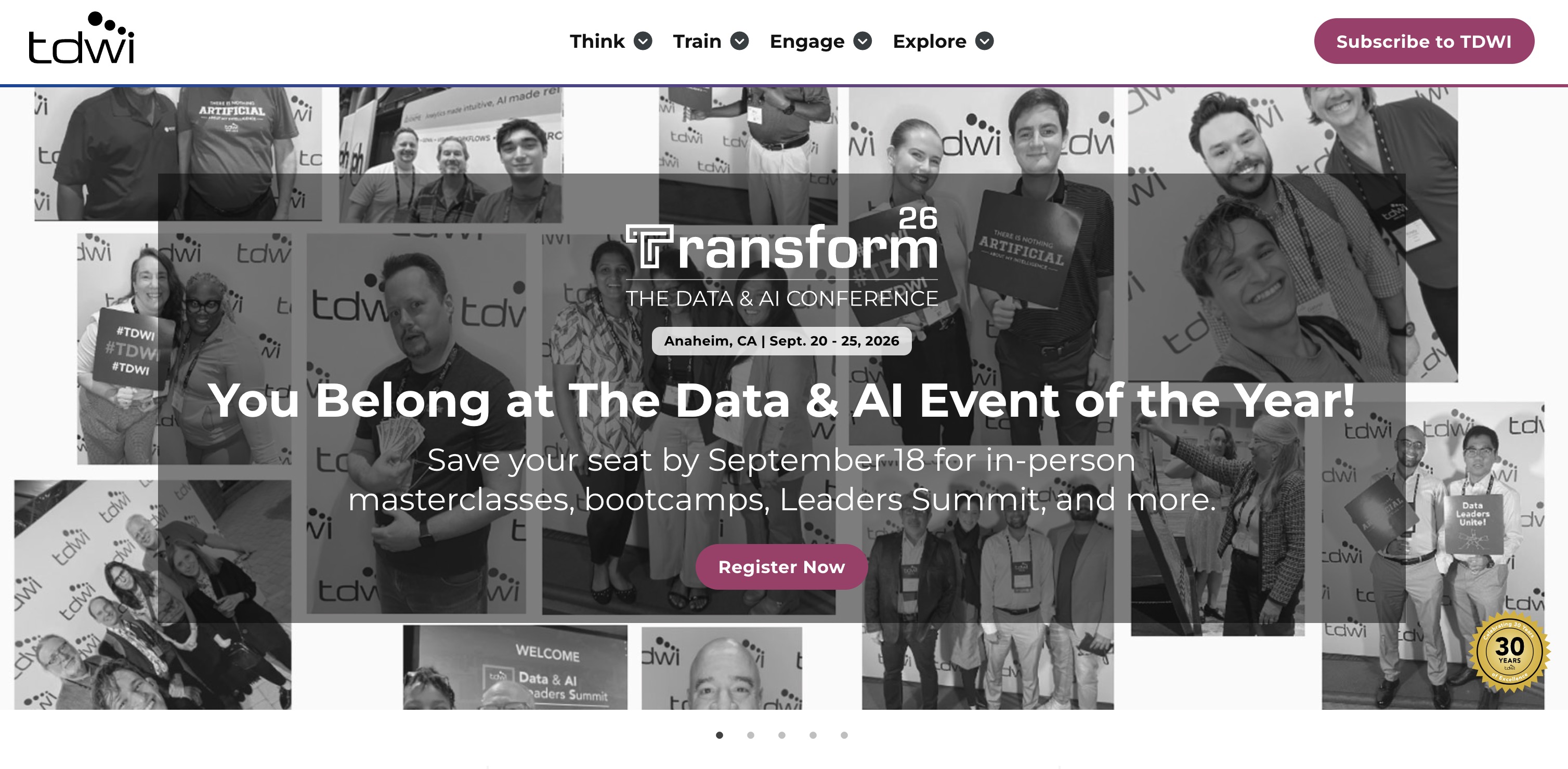 TDWI home page promoting the Transform 26 Data & AI Conference in Anaheim, September 20-25 2026, over a collage of conference attendee photos
