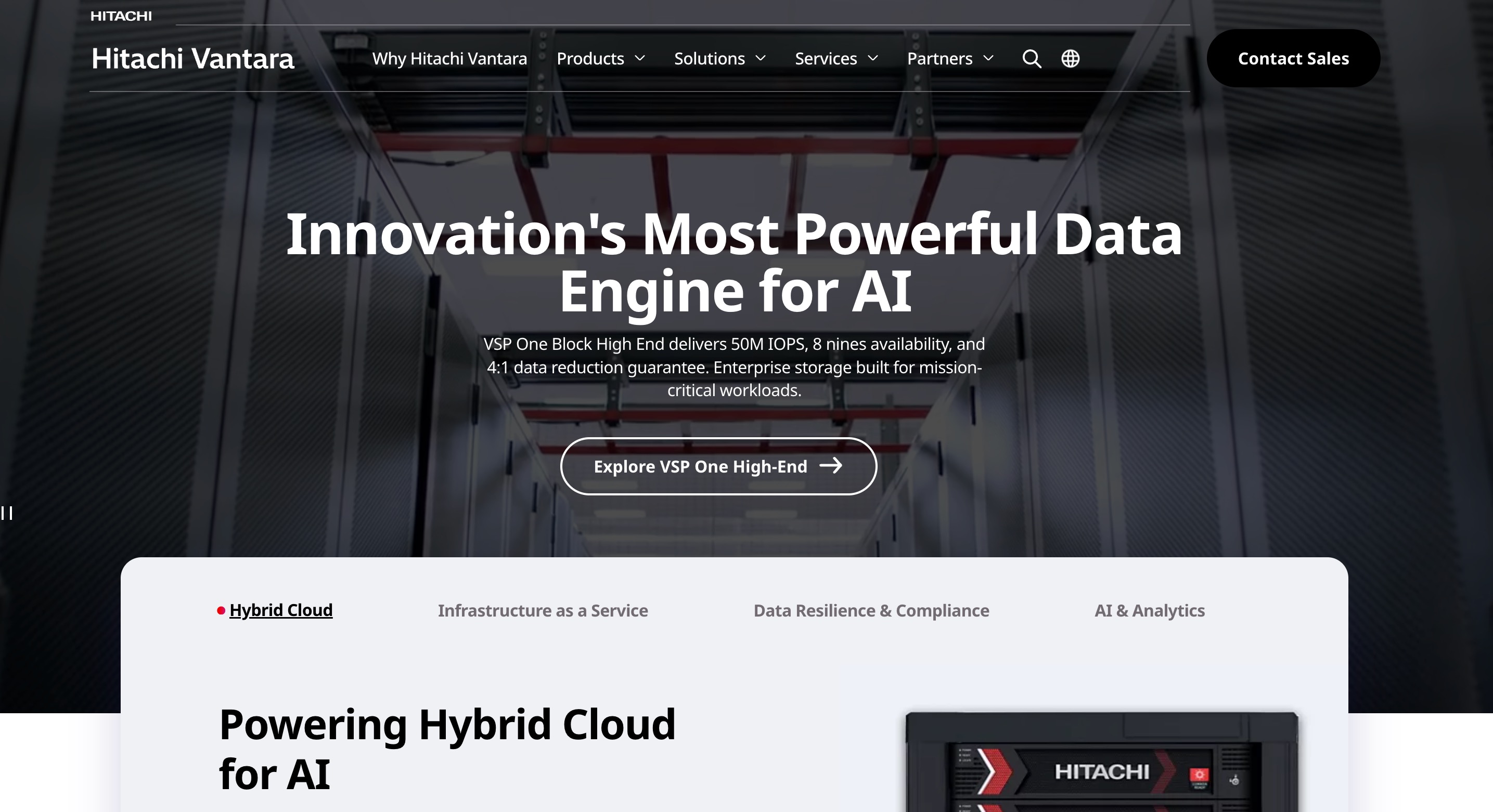 Hitachi Vantara home page headlined “Innovation's Most Powerful Data Engine for AI”, citing VSP One Block High End throughput and availability figures