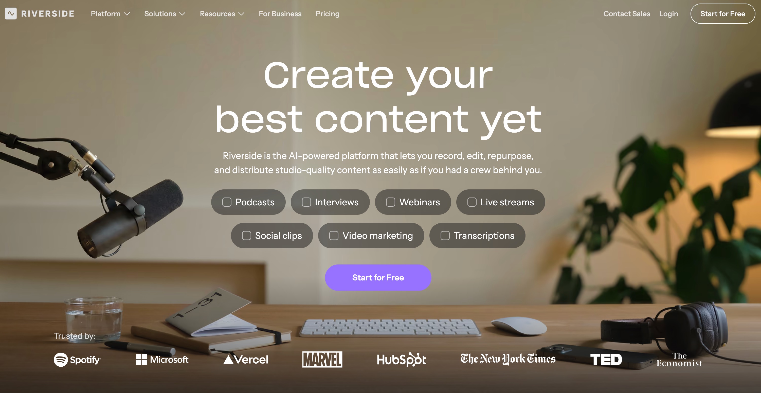 Riverside home page headlined “Create your best content yet” with recording-studio imagery and format chips for podcasts, interviews, webinars and live streams