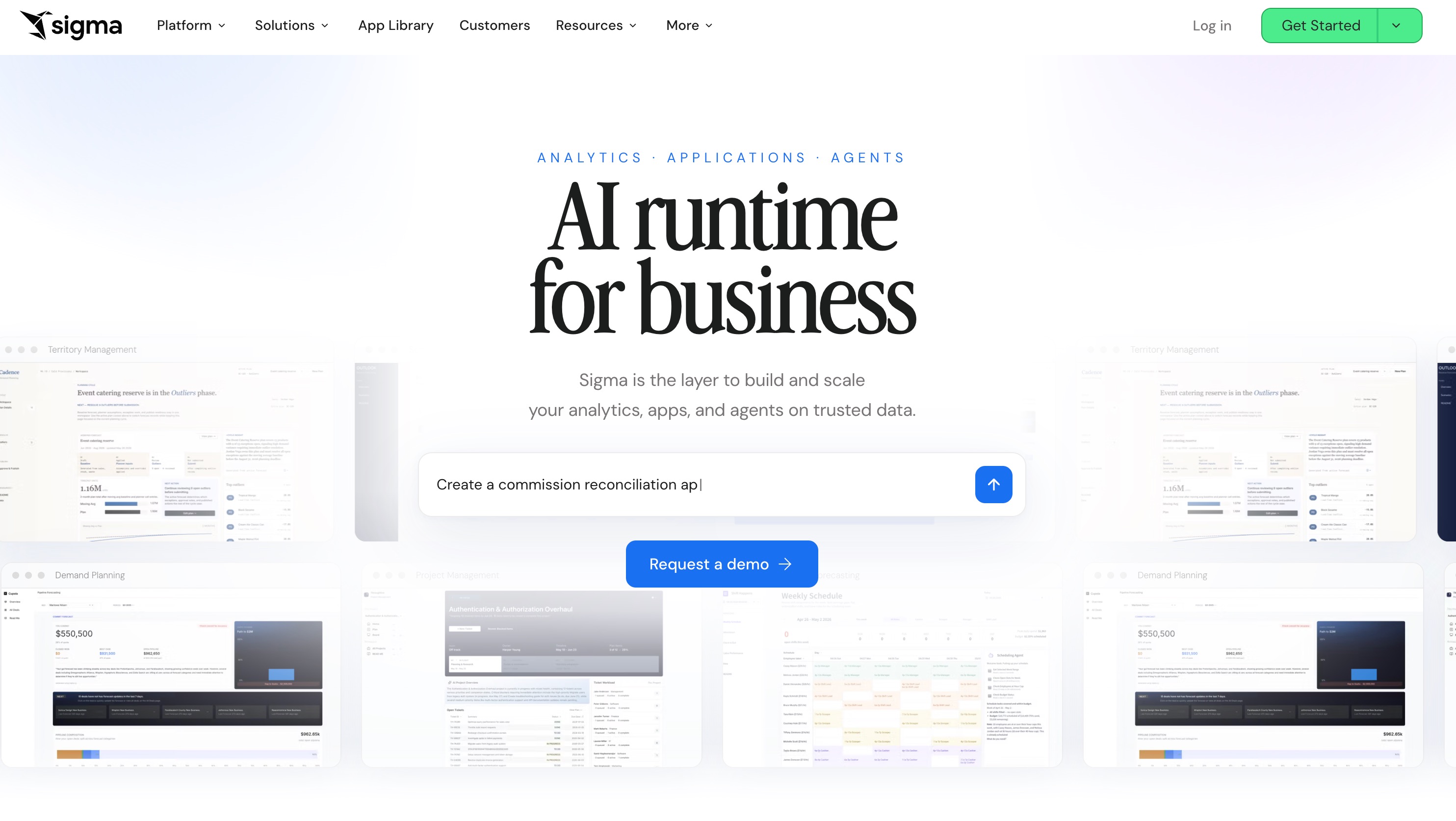 Sigma home page headlined “AI runtime for business”, with a prompt box reading “Create a commission reconciliation app” surrounded by dashboard thumbnails