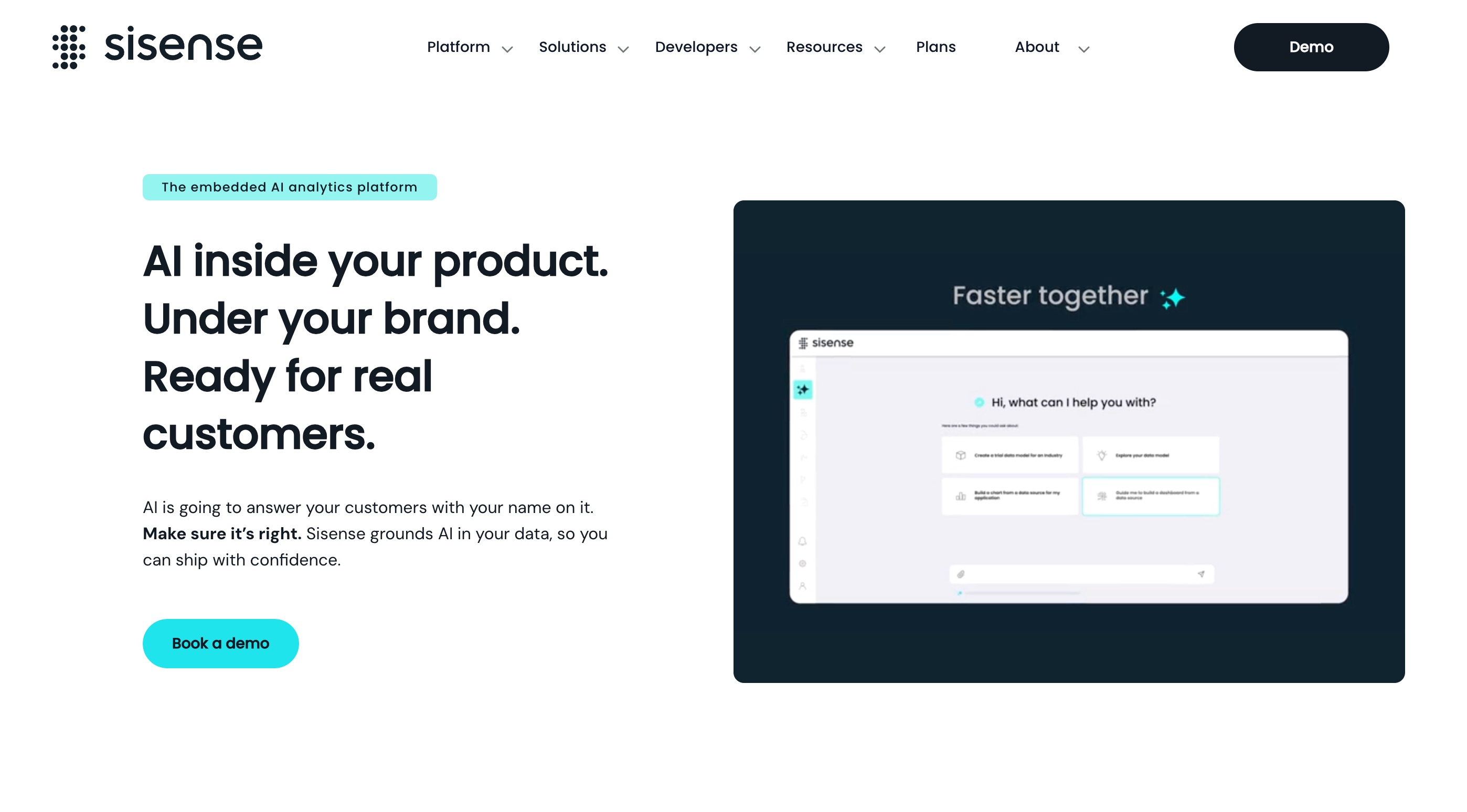 Sisense home page headlined “AI inside your product. Under your brand. Ready for real customers.” beside an embedded assistant mockup