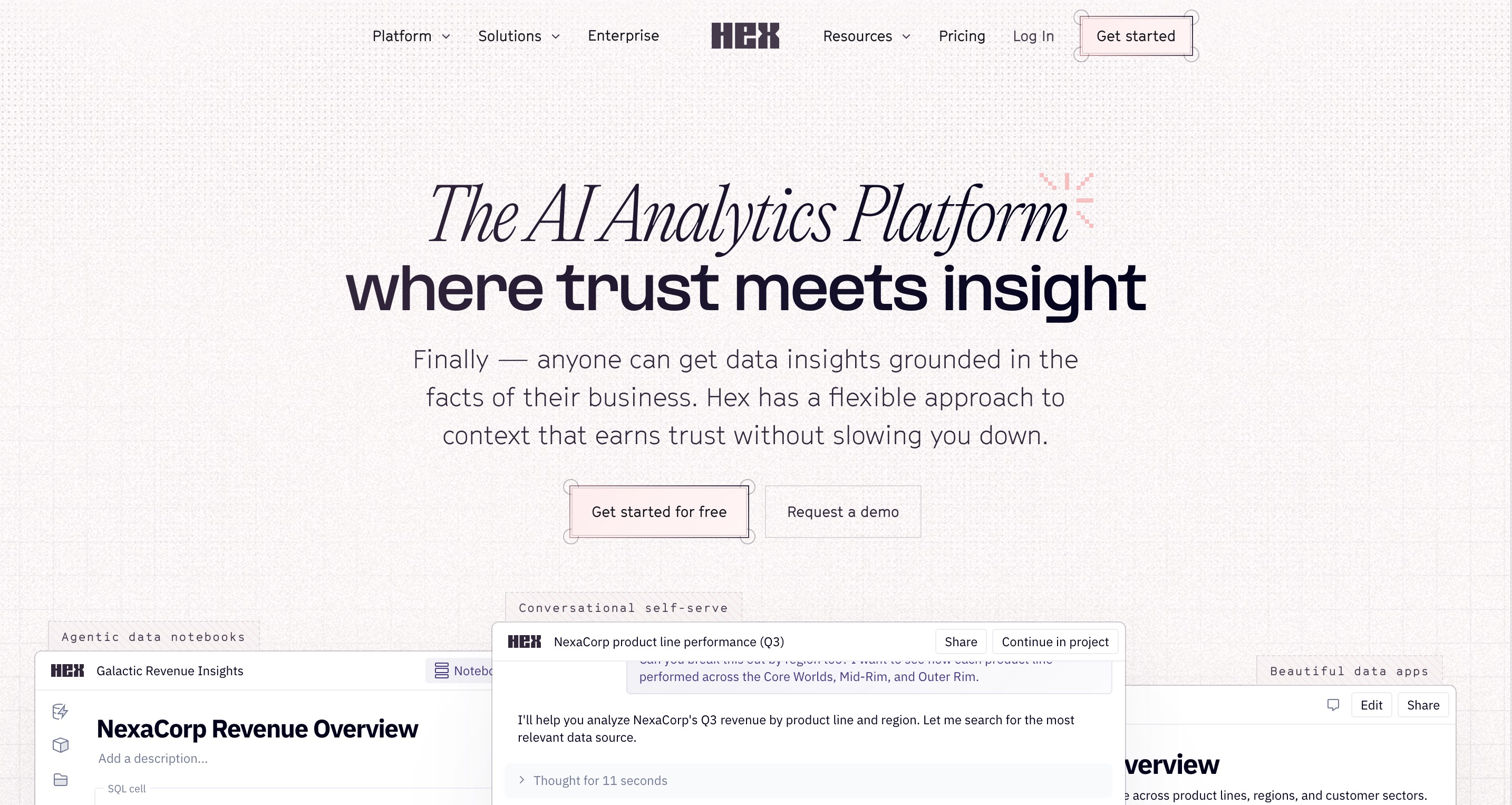 Hex home page headlined “The AI Analytics Platform where trust meets insight”, over a notebook view titled NexaCorp Revenue Overview