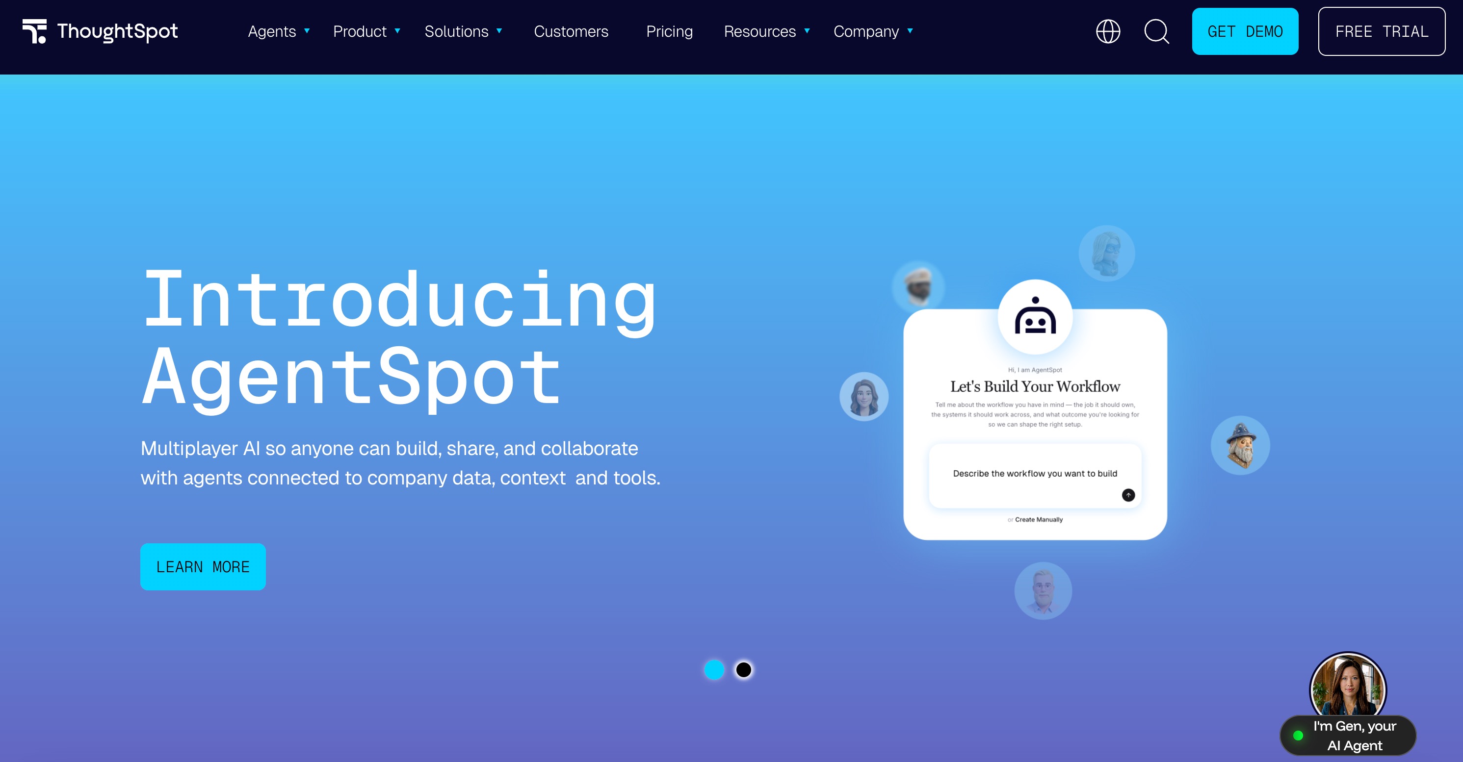 ThoughtSpot home page announcing AgentSpot, with a panel inviting the visitor to build a workflow using agents connected to company data, context and tools