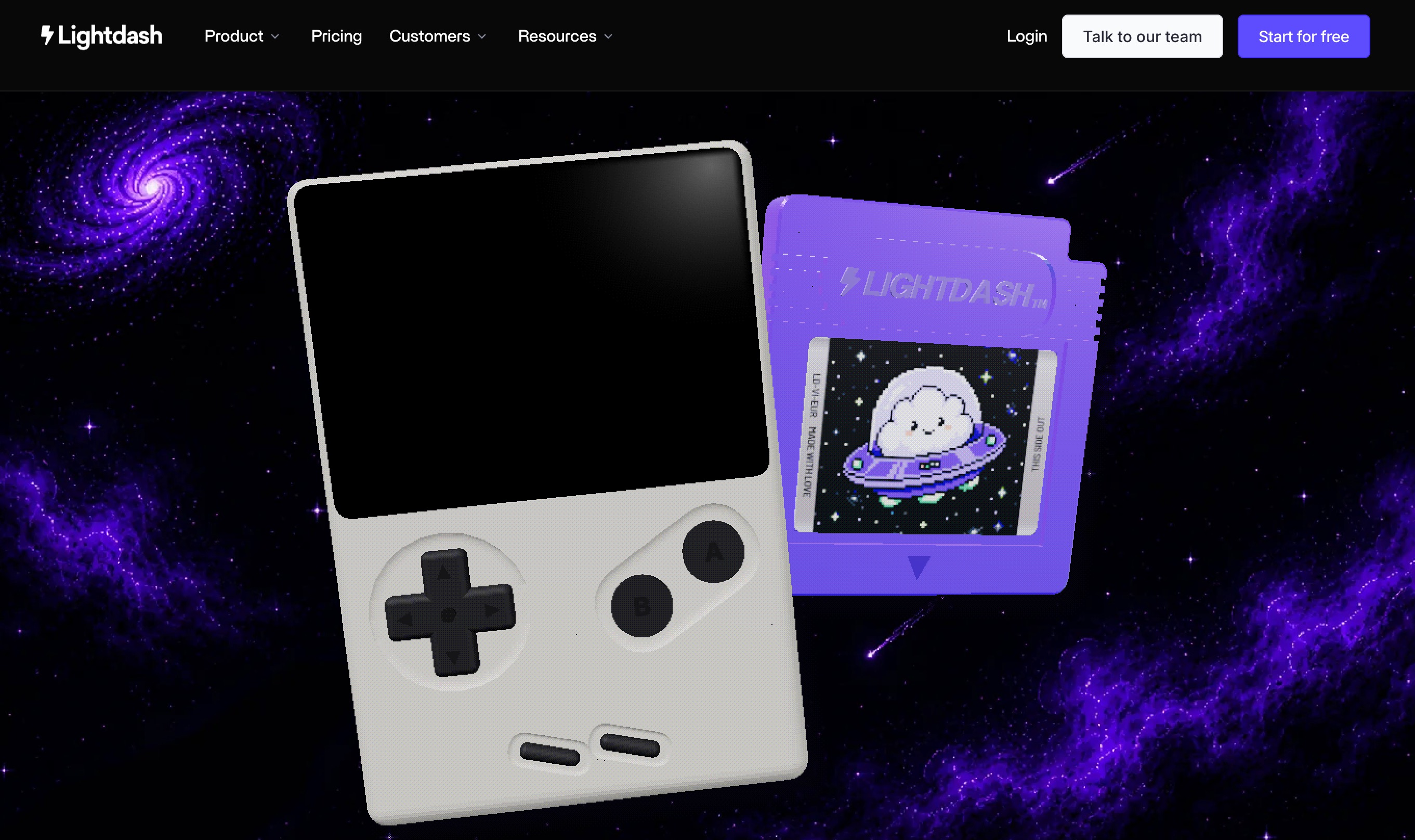 Lightdash home page showing a retro handheld console next to a purple Lightdash game cartridge with pixel-art cloud artwork, set against a purple galaxy backdrop