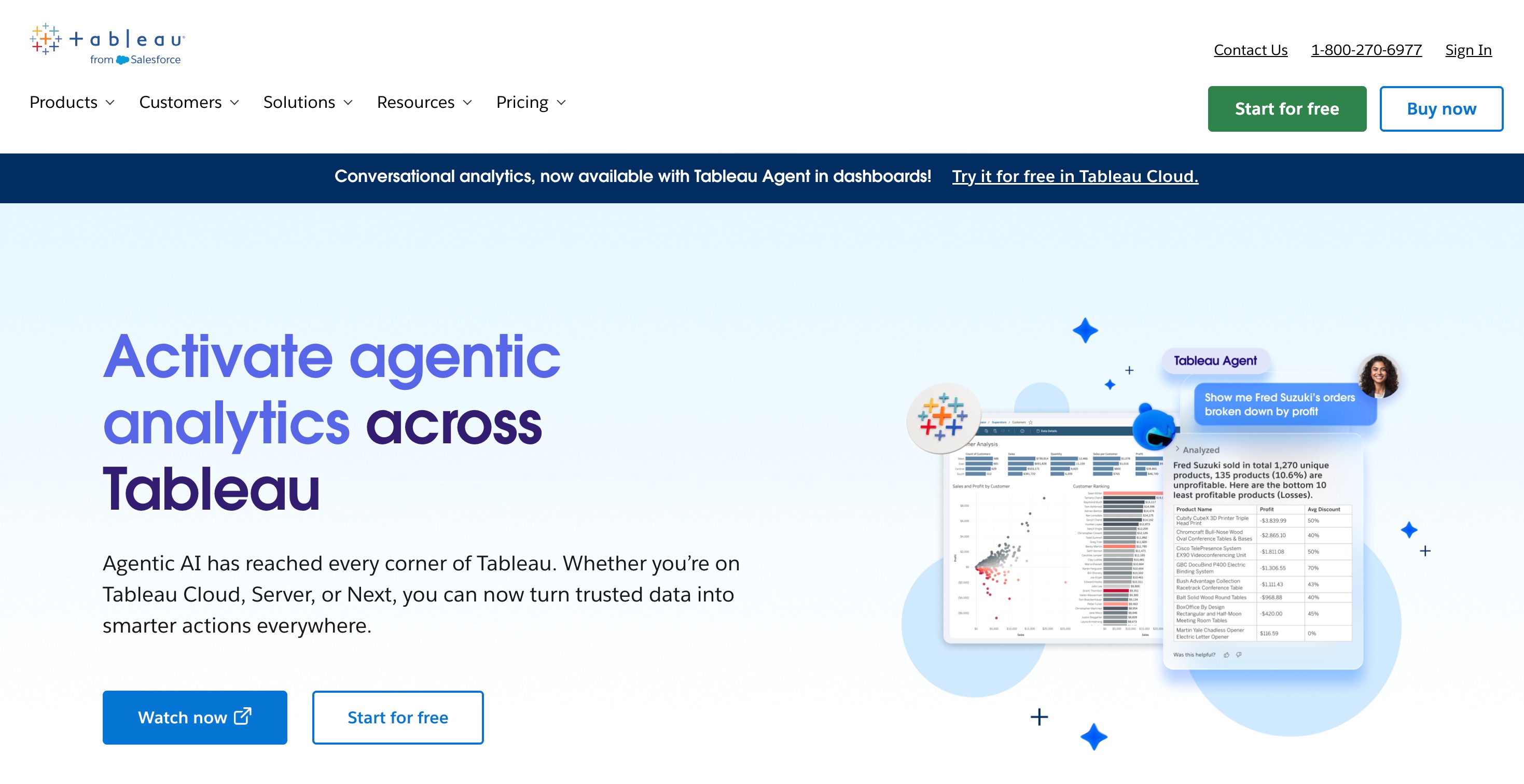 Tableau home page headlined “Activate agentic analytics across Tableau”, with a Tableau Agent panel over dashboard artwork