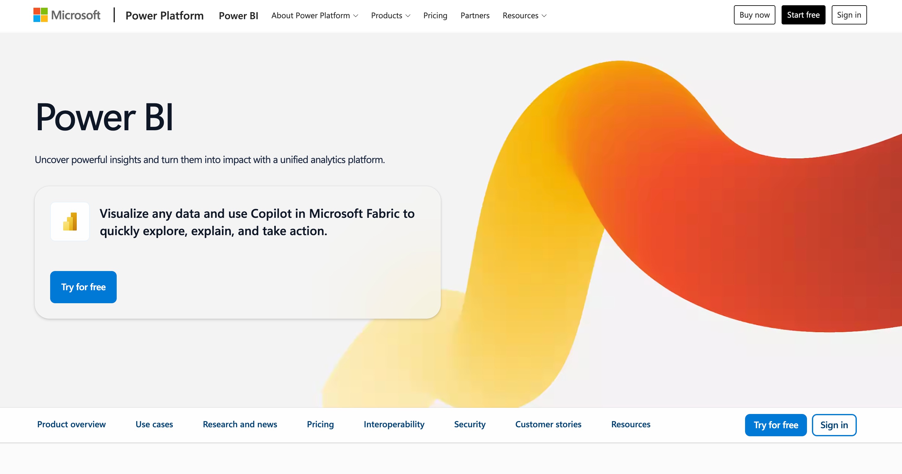 Microsoft Power BI product page on Power Platform, headlined Power BI with a note about visualizing data using Copilot in Microsoft Fabric