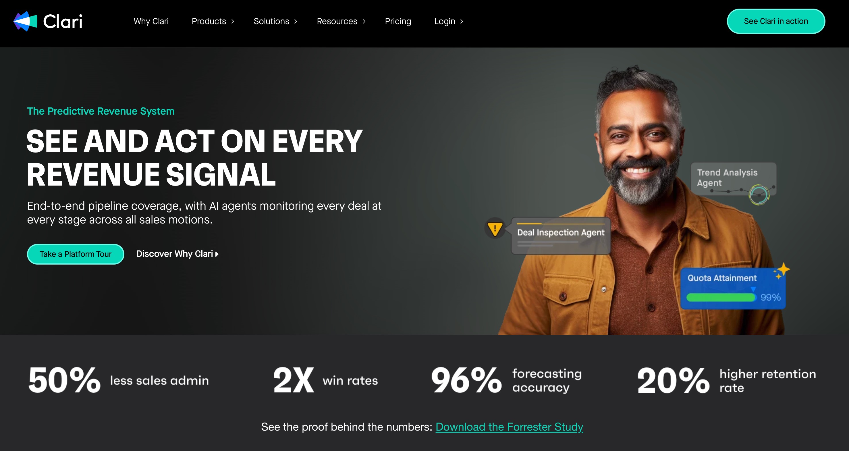 Clari home page headlined “See and act on every revenue signal”, with agent callouts and a stat row reading 50% less sales admin, 2x win rates, 96% forecasting accuracy and 20% higher retention rate