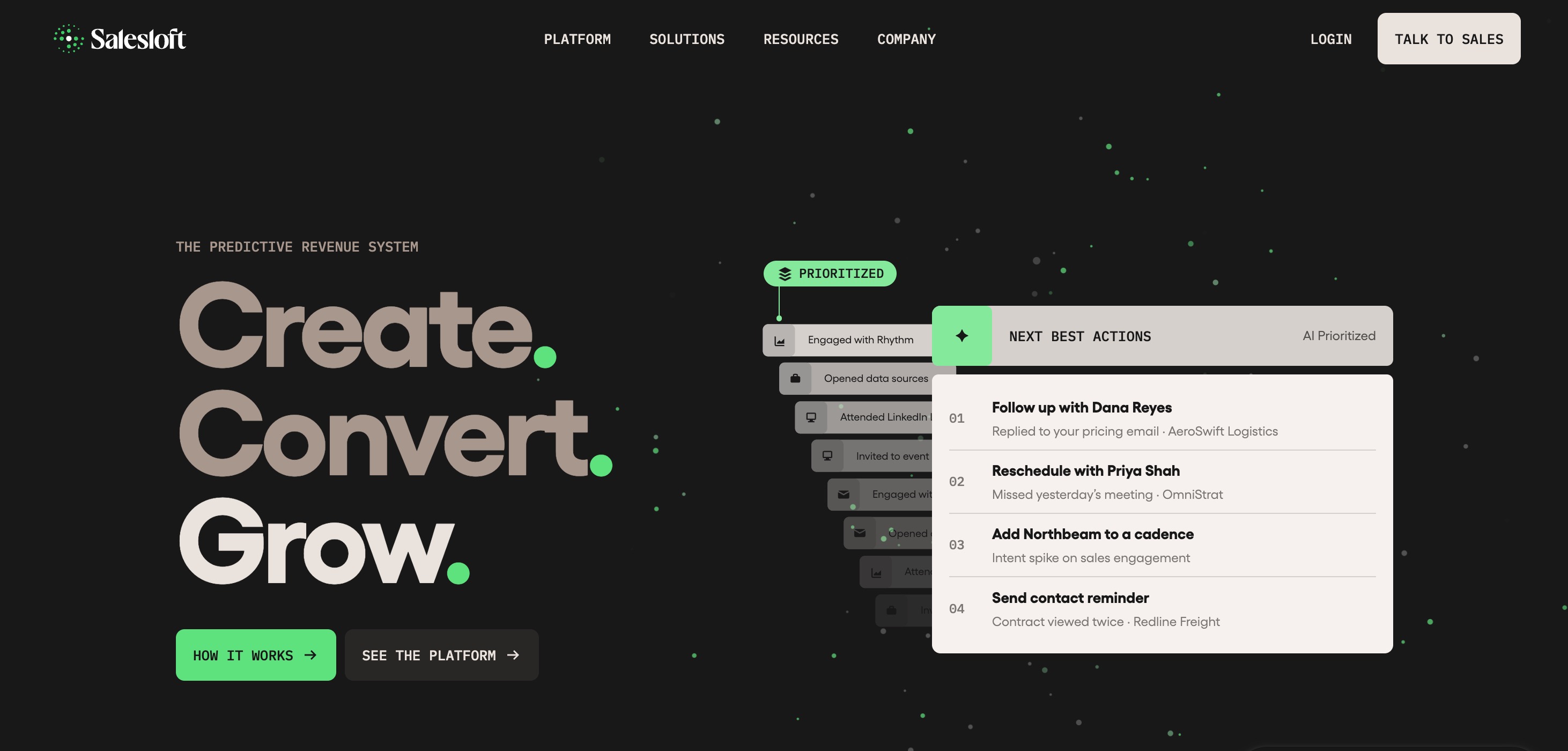 Salesloft home page headlined “Create. Convert. Grow.” beside a prioritized next-best-actions panel listing follow-up, reschedule and cadence tasks