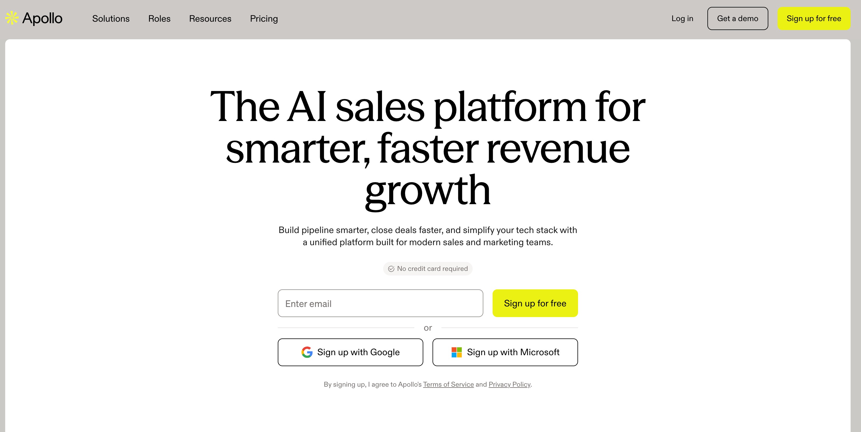 Apollo home page headlined “The AI sales platform for smarter, faster revenue growth”, with an email sign-up form below it