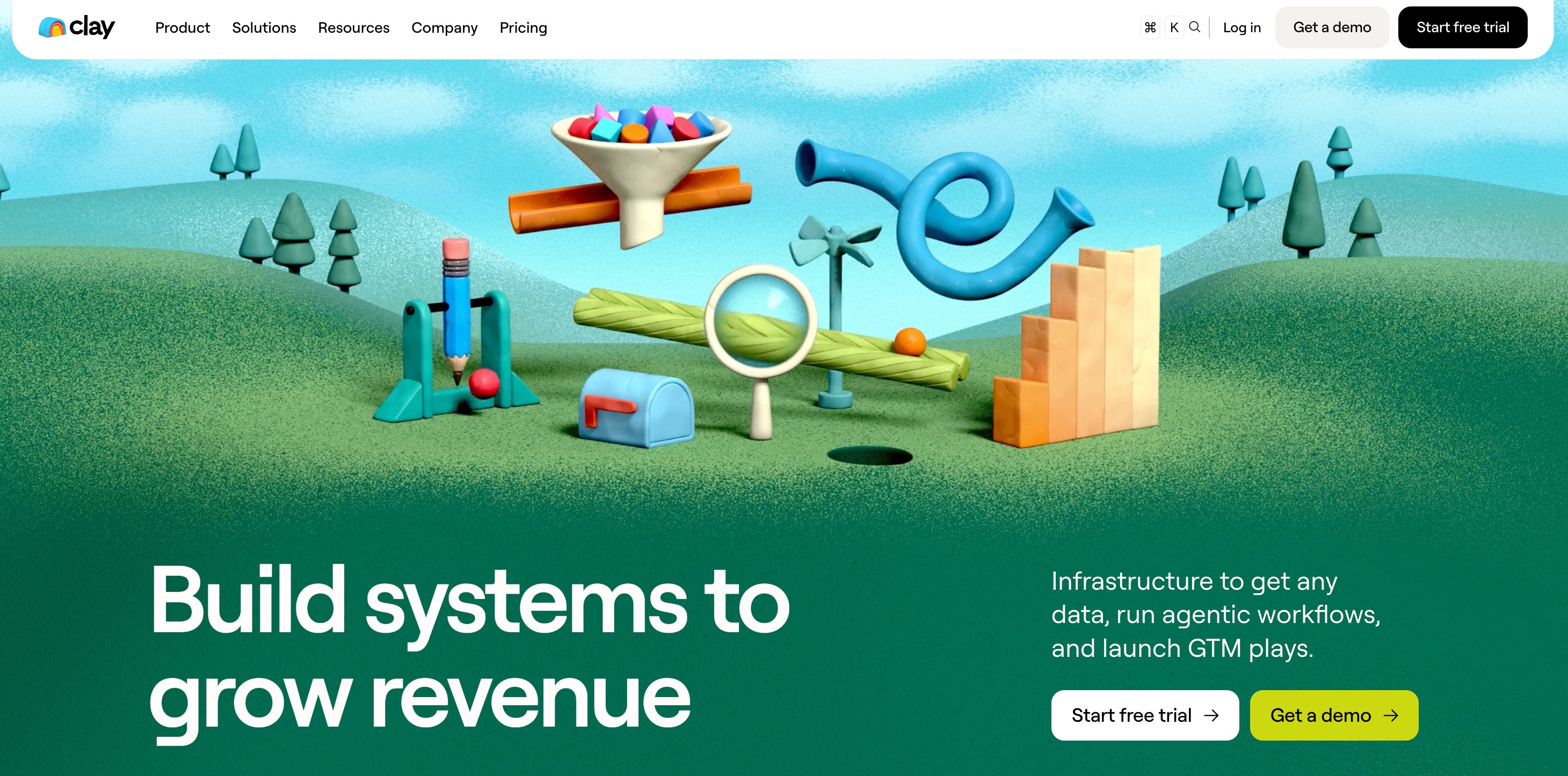 Clay home page headlined “Build systems to grow revenue”, over an illustrated landscape of funnels, magnifiers and bar-chart blocks