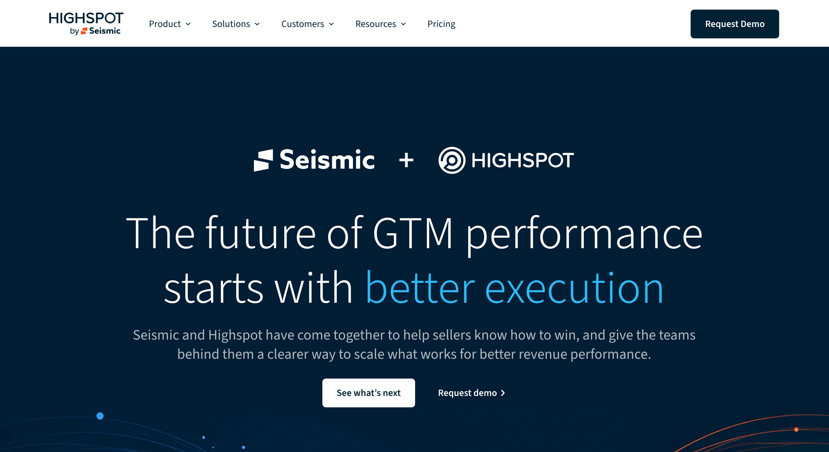 Highspot home page, now branded Highspot by Seismic, headlined “The future of GTM performance starts with better execution” beneath a joint Seismic and Highspot lockup