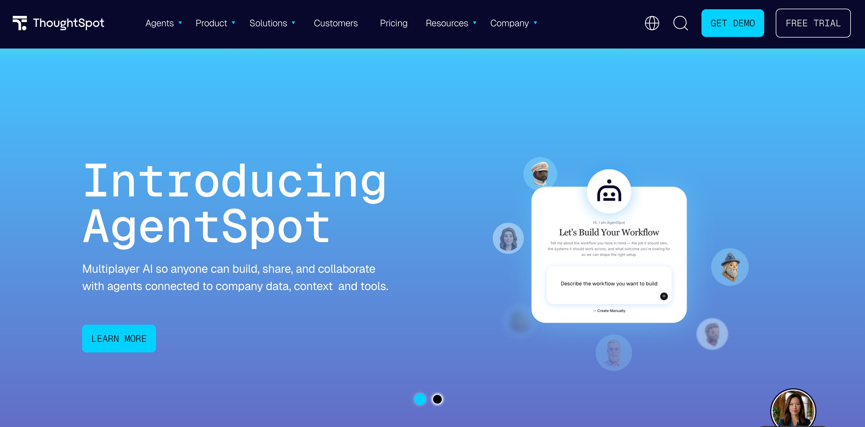 ThoughtSpot home page announcing AgentSpot, with a panel inviting the visitor to build a workflow using agents connected to company data, context and tools
