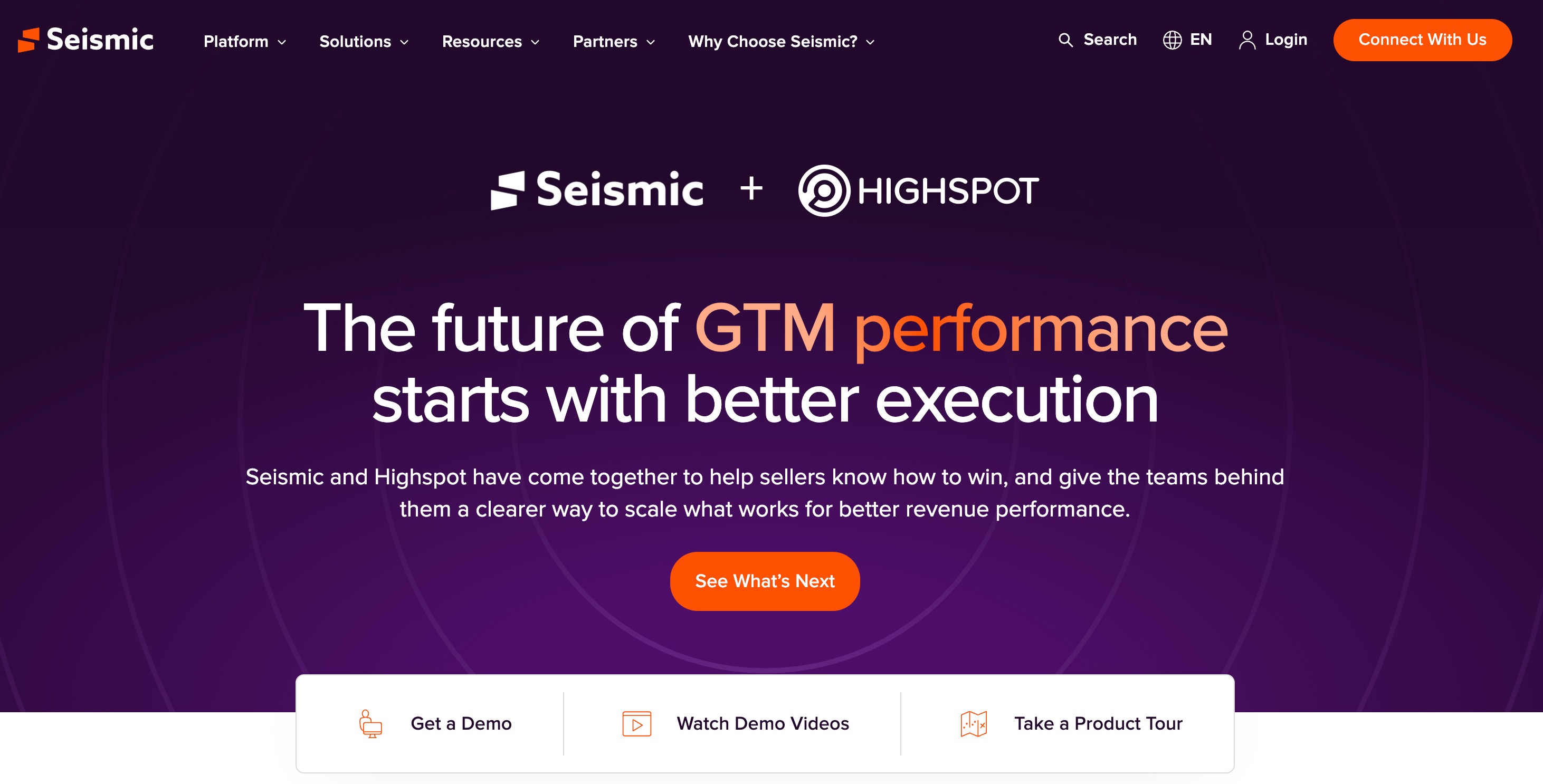 Seismic home page carrying the same joint Seismic and Highspot lockup and the headline “The future of GTM performance starts with better execution”, with demo and product tour links