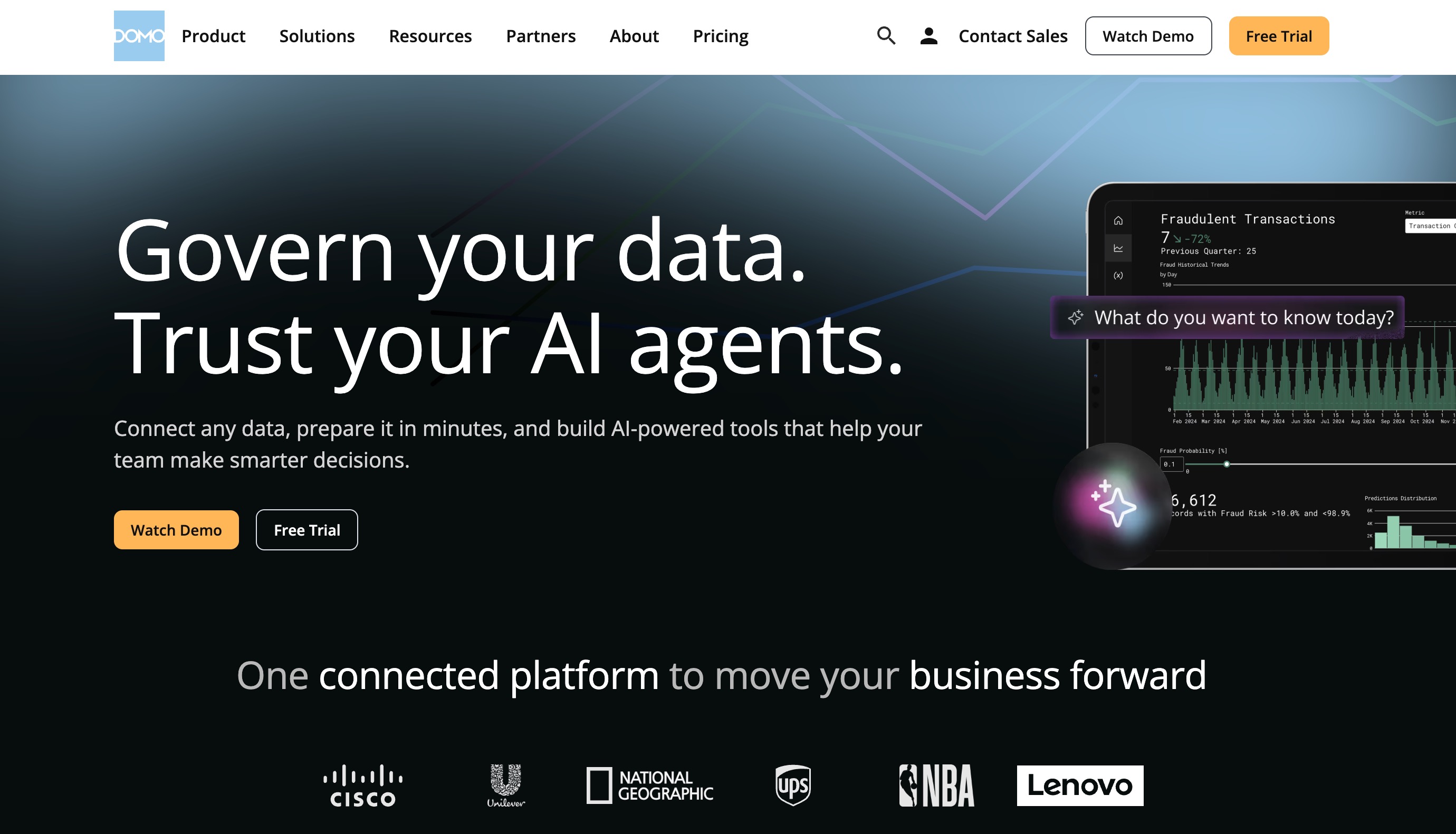 Domo home page headlined “Govern your data. Trust your AI agents.”, beside a fraudulent transactions dashboard with an ask-anything prompt, above a row of customer logos