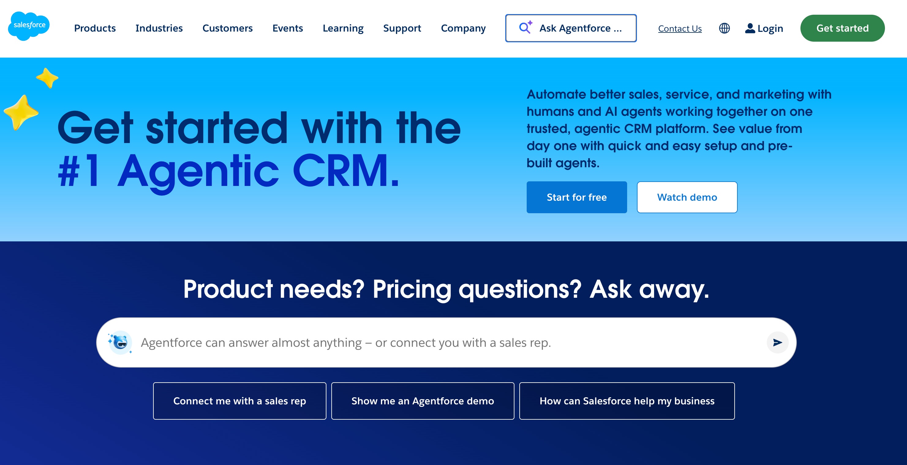 Salesforce home page headlined “Get started with the #1 Agentic CRM.”, with an Agentforce ask-anything box underneath