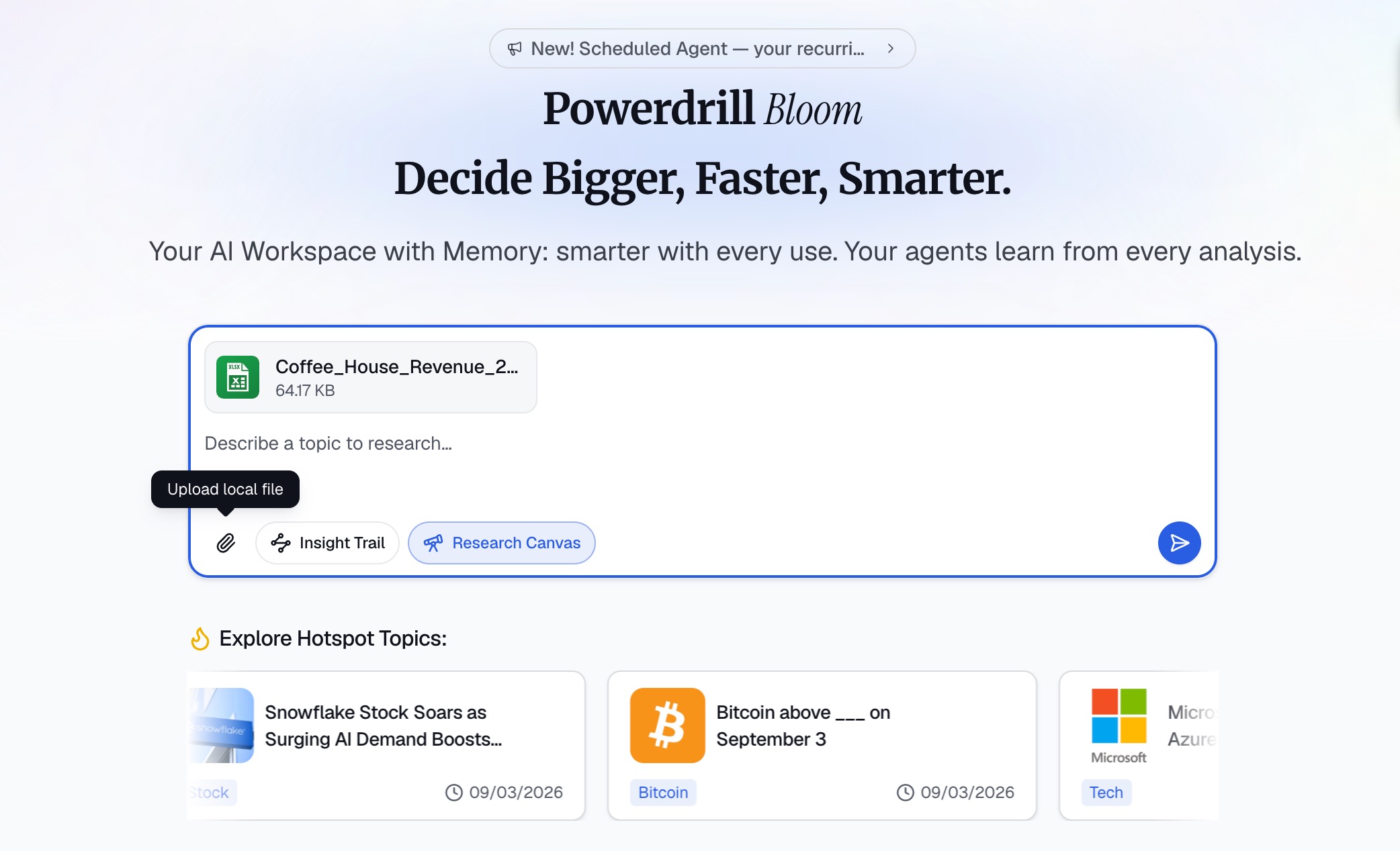 The Powerdrill Bloom home screen with a coffee house revenue workbook attached to the message box, ready for a next-quarter sales forecast