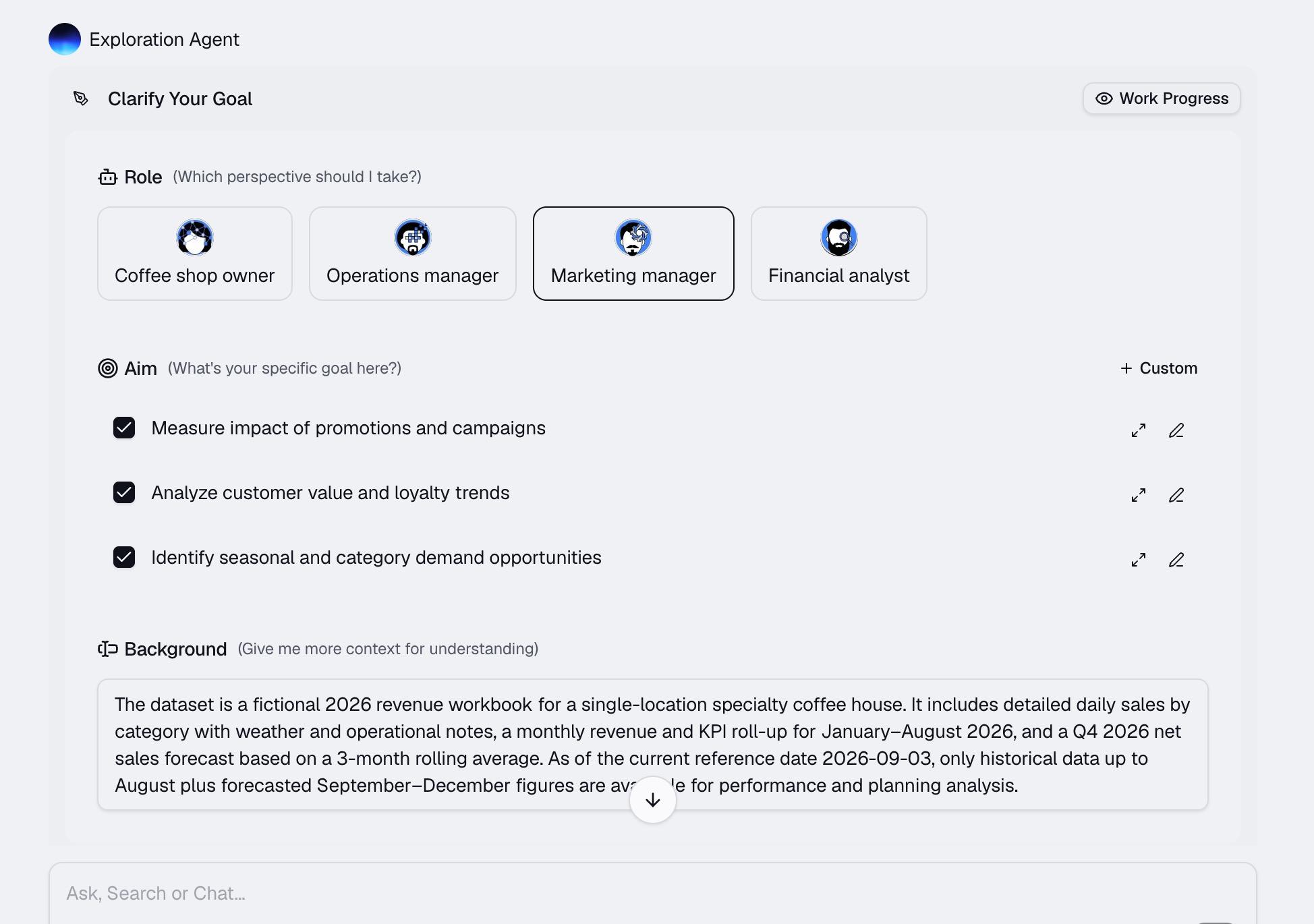 The Clarify Your Goal panel in Powerdrill Bloom with the Marketing manager role selected and three analysis aims checked