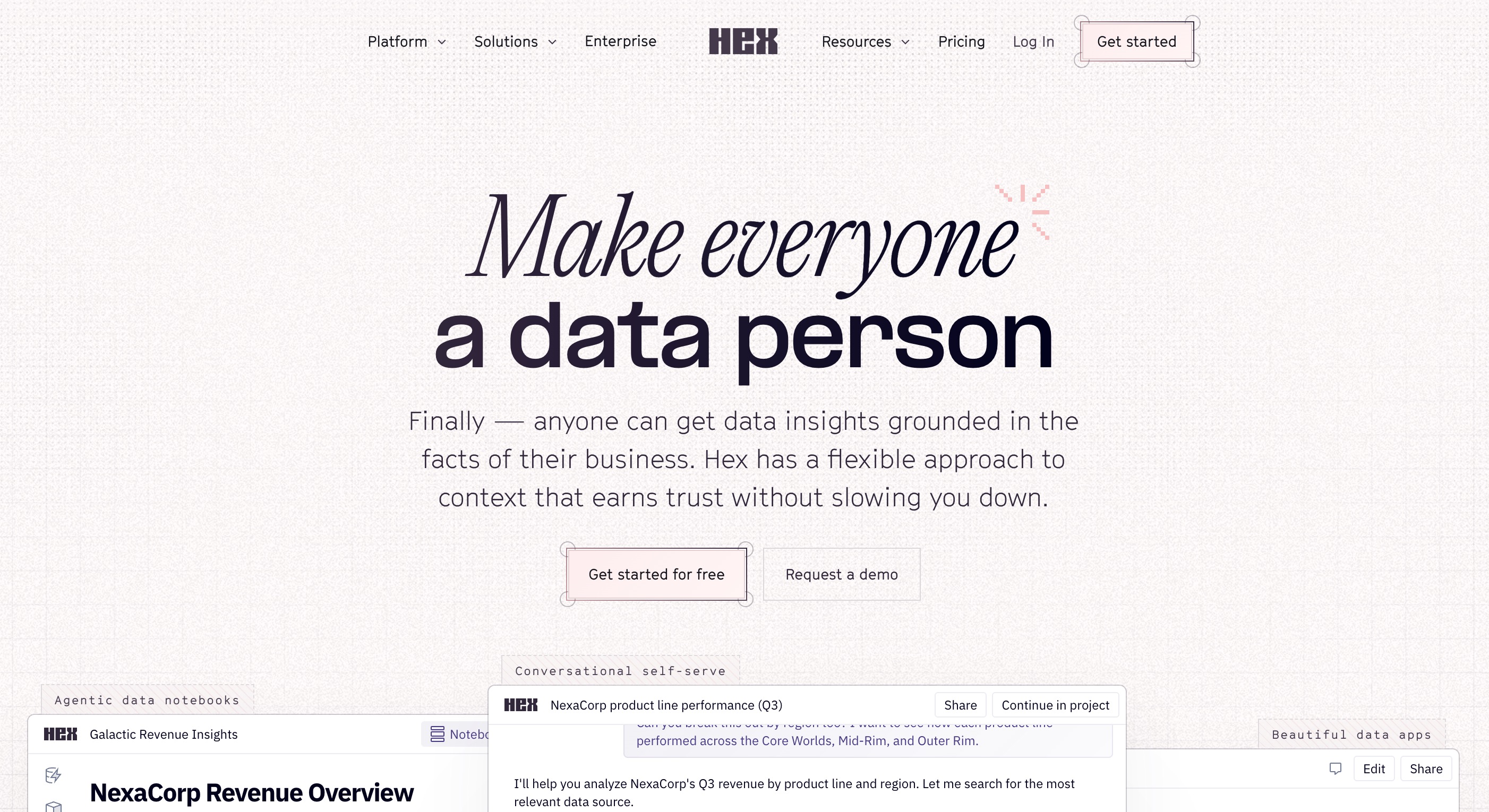 Hex 首页，标题为“Make everyone a data person”，下方展示了智能代理数据 notebook 以及一个分析 NexaCorp 收入的对话式自助服务面板