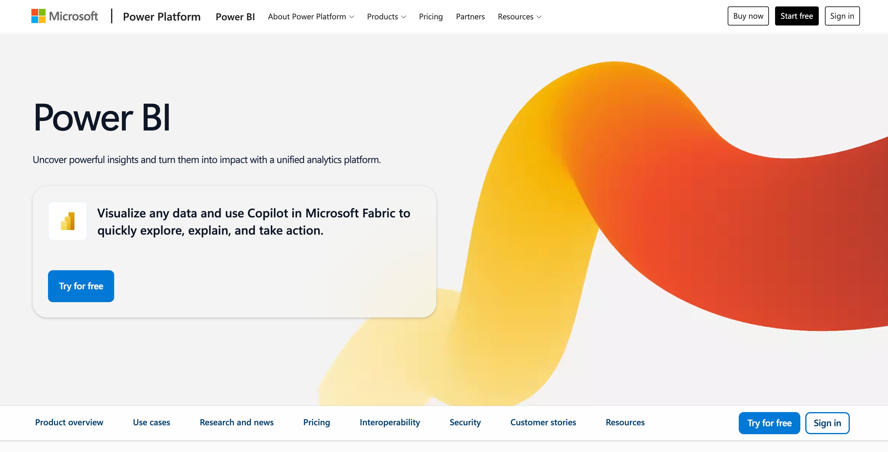 Microsoft Power BI product page on Power Platform, headlined Power BI with a card about visualising any data and using Copilot in Microsoft Fabric, beside an orange ribbon graphic