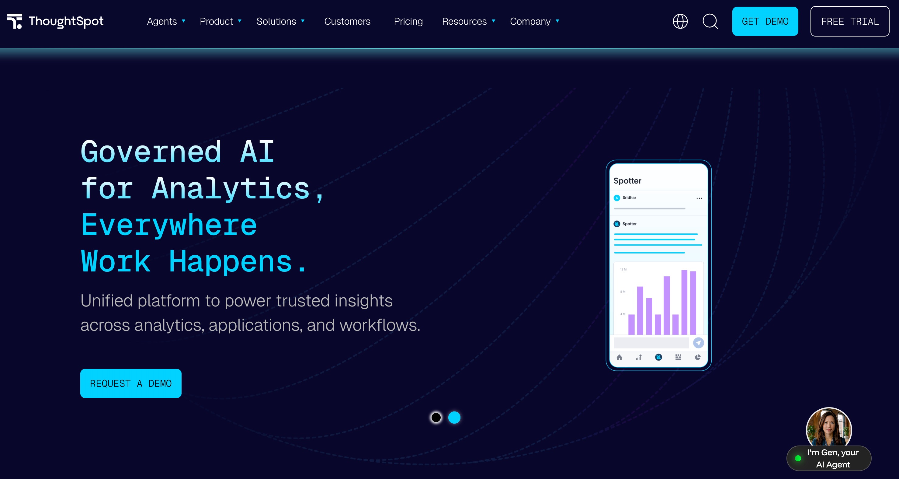 ThoughtSpot home page headlined Governed AI for Analytics, Everywhere Work Happens., beside a phone mock-up showing the Spotter assistant and a bar chart