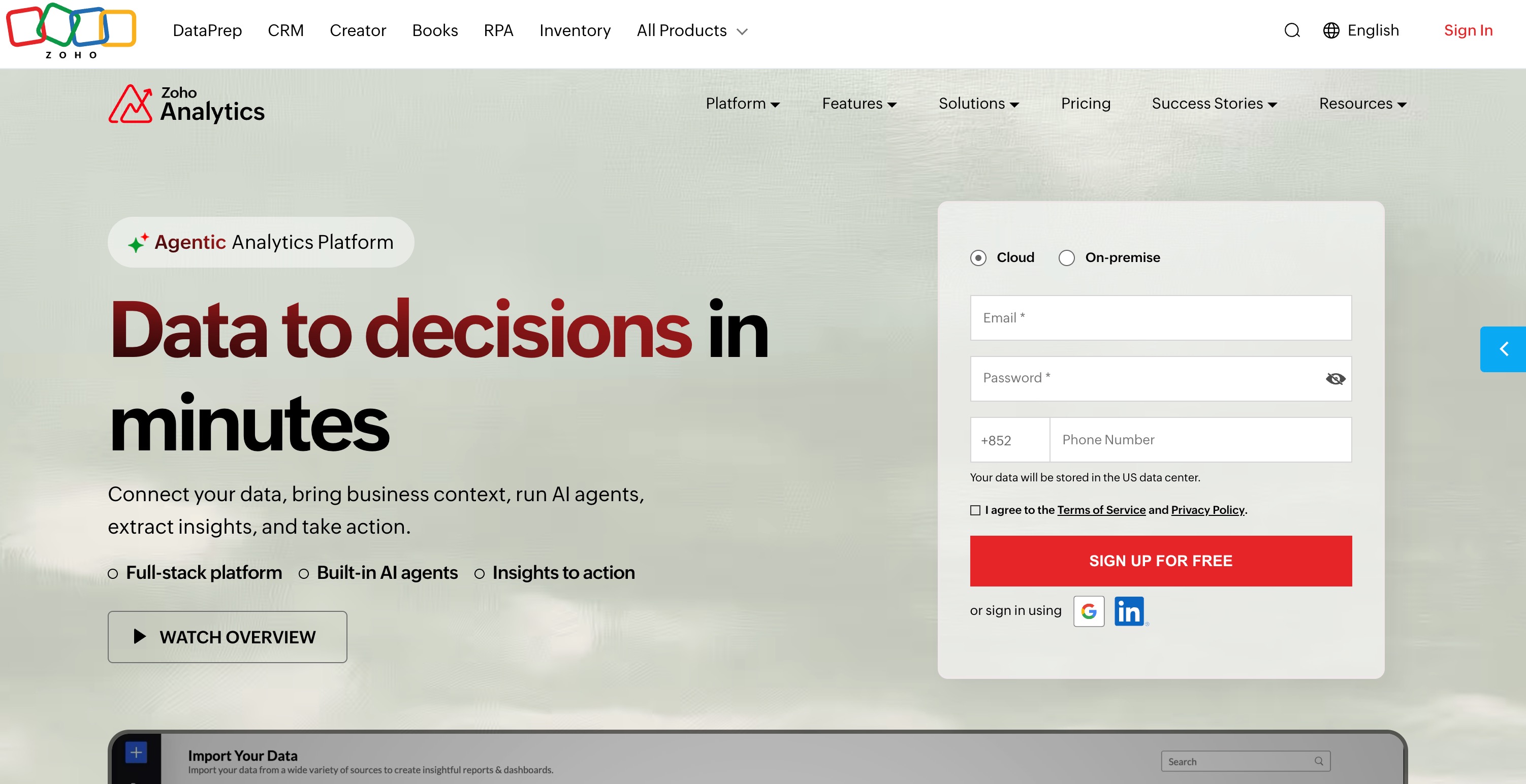 Zoho Analytics home page badged Agentic Analytics Platform and headlined Data to decisions in minutes, with a sign-up form on the right