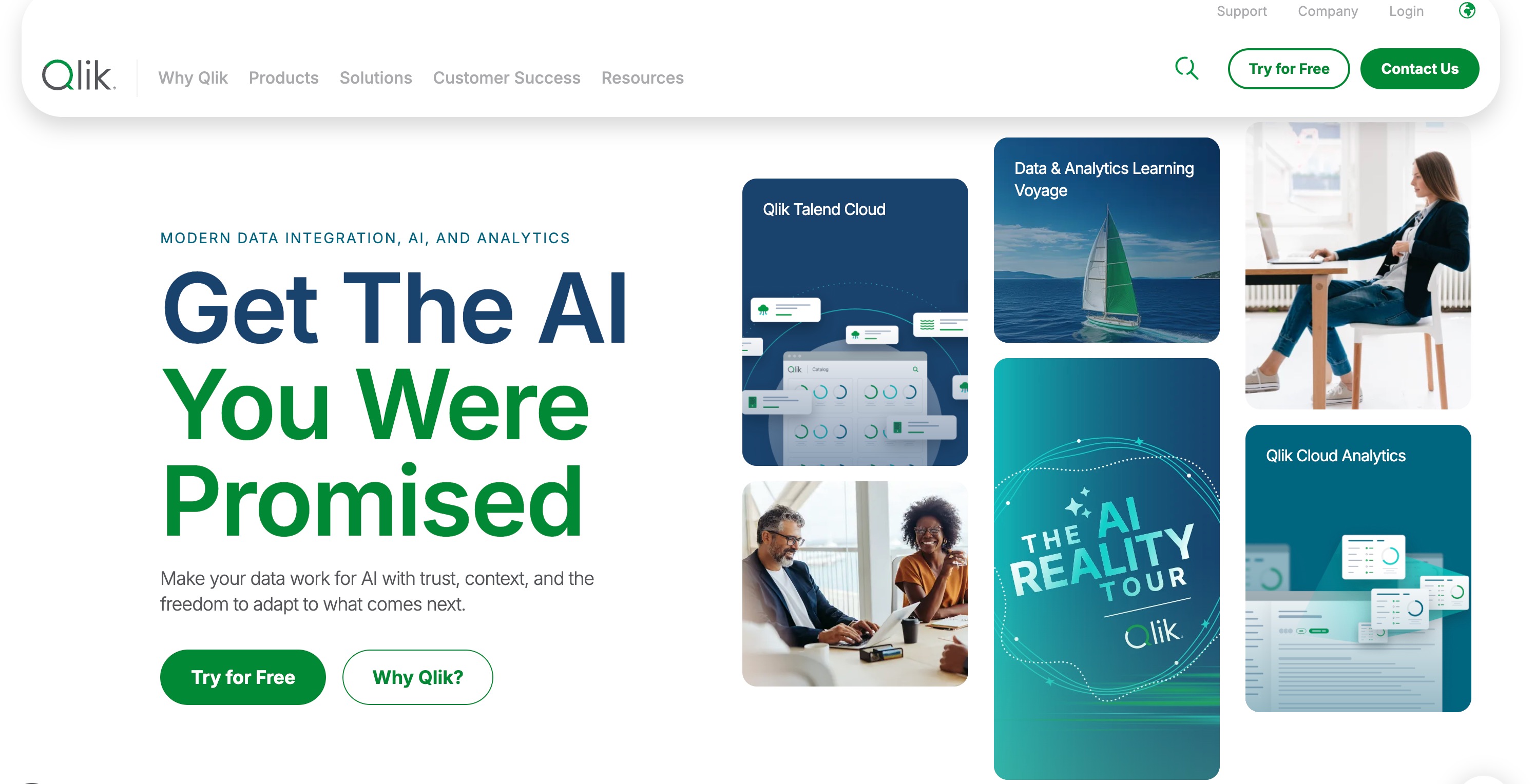 Qlik home page headlined Get The AI You Were Promised, beside a mosaic of product and customer tiles including Qlik Talend Cloud and Qlik Cloud Analytics