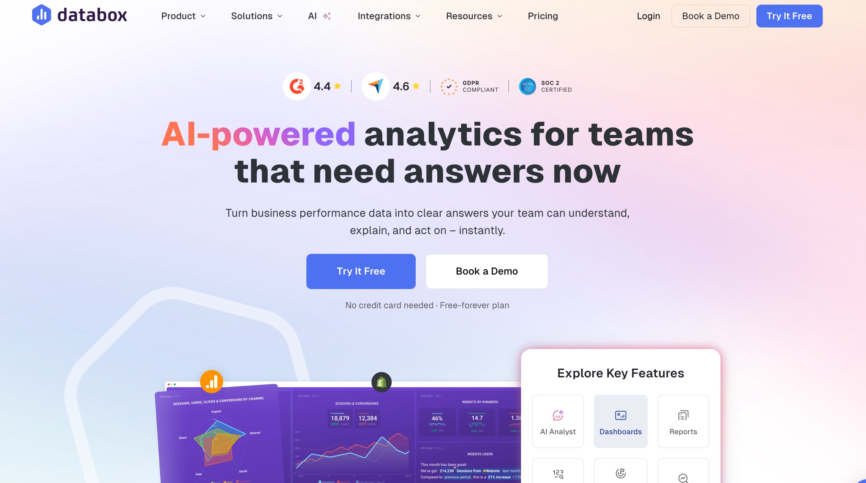 Databox home page headlined AI-powered analytics for teams that need answers now, with review-score and compliance badges above a dashboard preview and an Explore Key Features panel