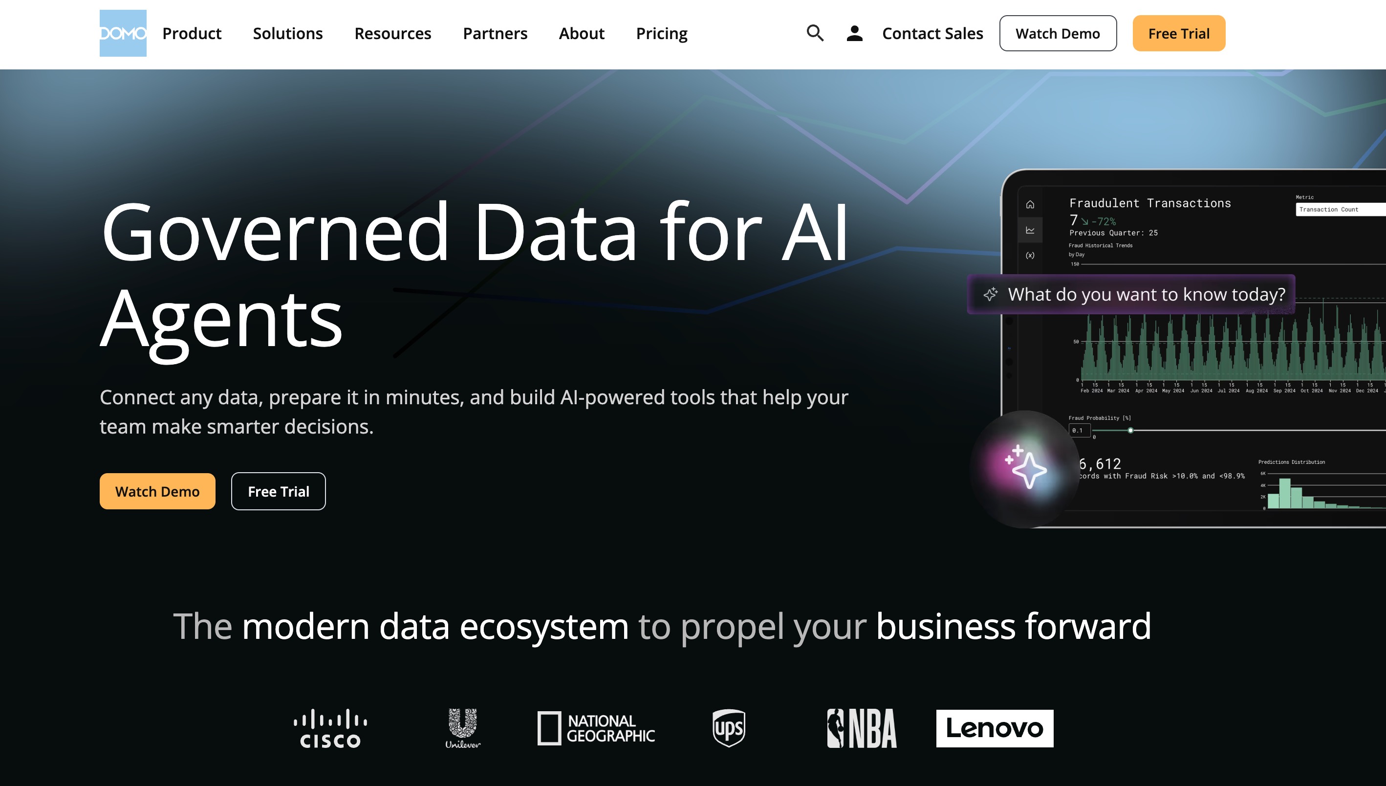 Domo home page headlined Governed Data for AI Agents, beside a fraudulent-transactions dashboard with a prompt box, above a row of customer logos