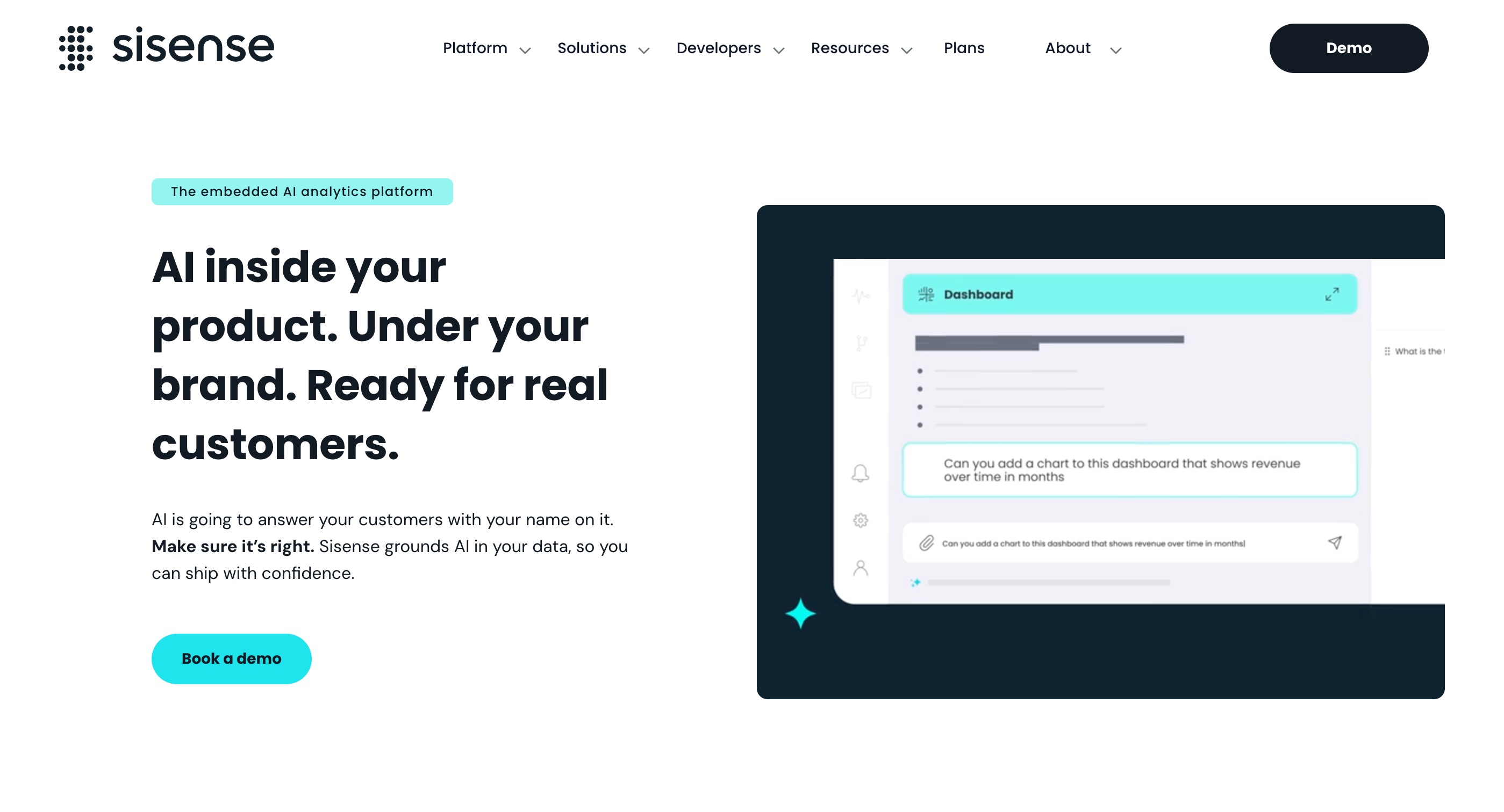 Sisense home page badged The embedded AI analytics platform and headlined AI inside your product. Under your brand. Ready for real customers., beside an embedded dashboard chat panel