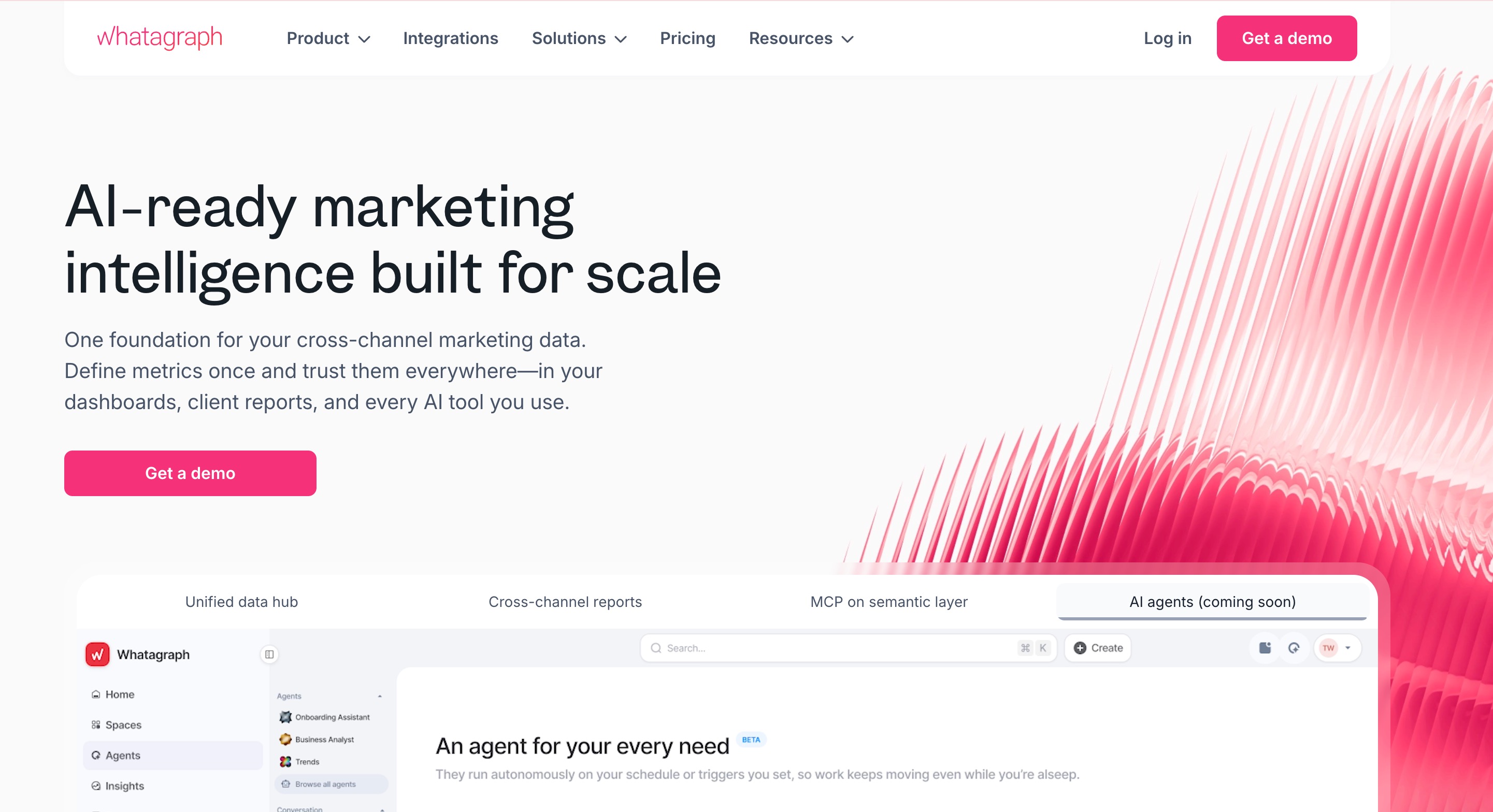 Whatagraph home page headlined AI-ready marketing intelligence built for scale, above a product view with tabs for unified data hub, cross-channel reports and AI agents