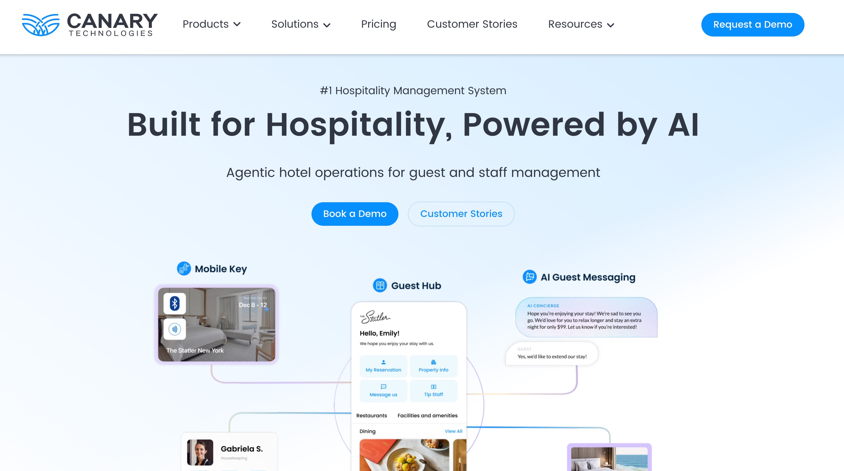 Canary Technologies home page headlined Built for Hospitality, Powered by AI, with linked panels for Mobile Key, Guest Hub and AI Guest Messaging
