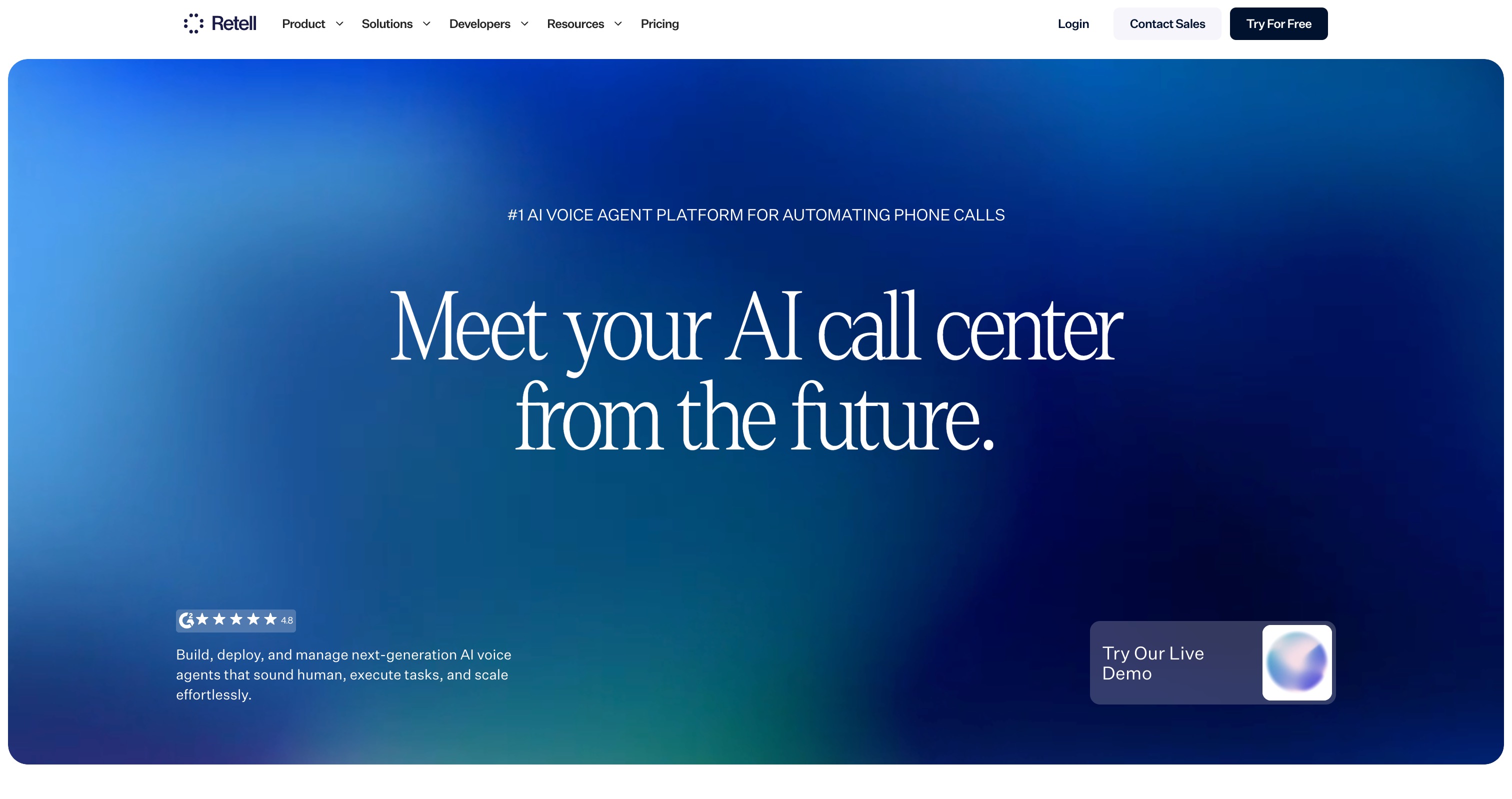 Retell home page headlined Meet your AI call center from the future., billed as an AI voice agent platform for automating phone calls, with a live demo button