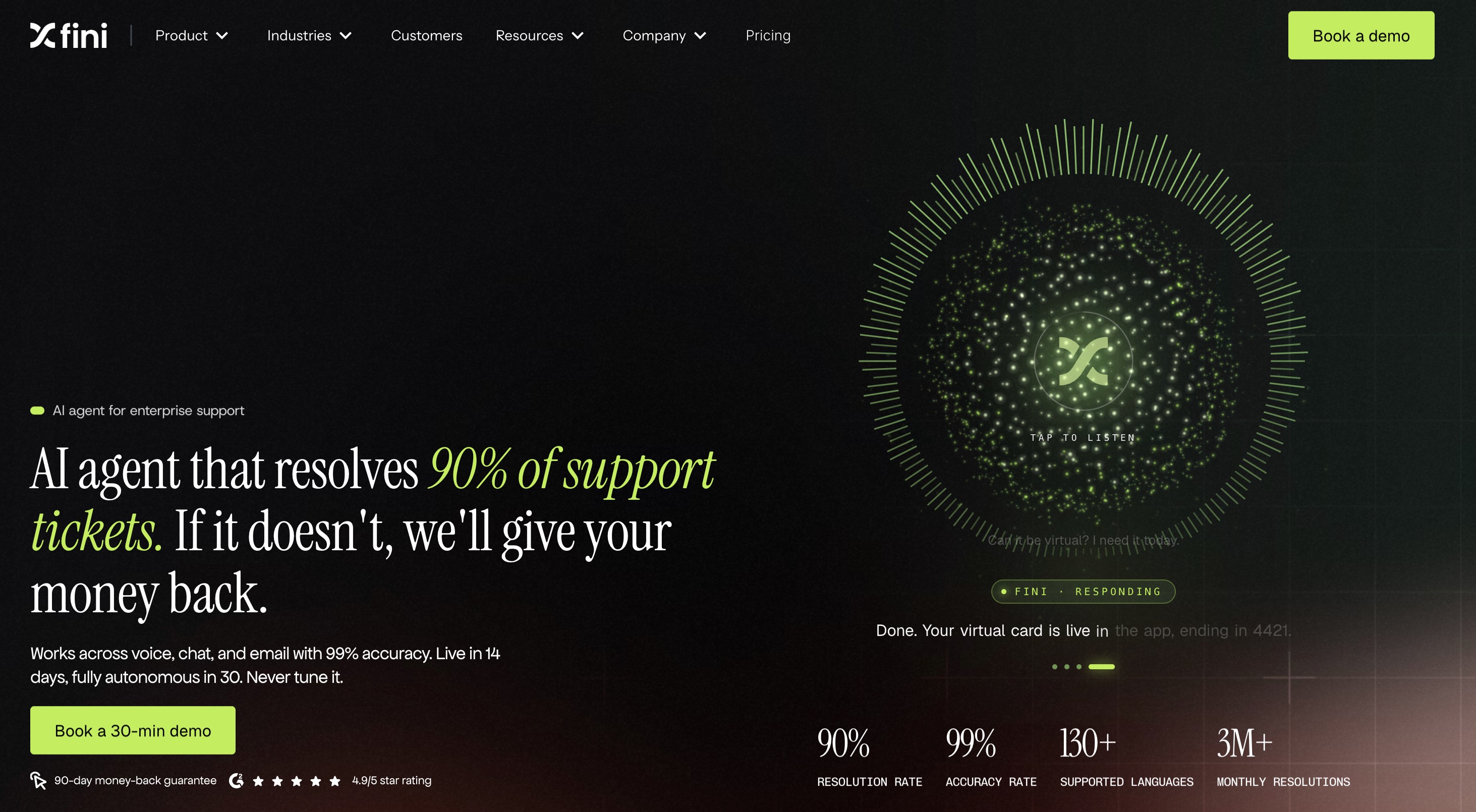 Fini home page headlined AI agent that resolves 90 percent of support tickets, with counters for resolution rate, accuracy rate, supported languages and monthly resolutions