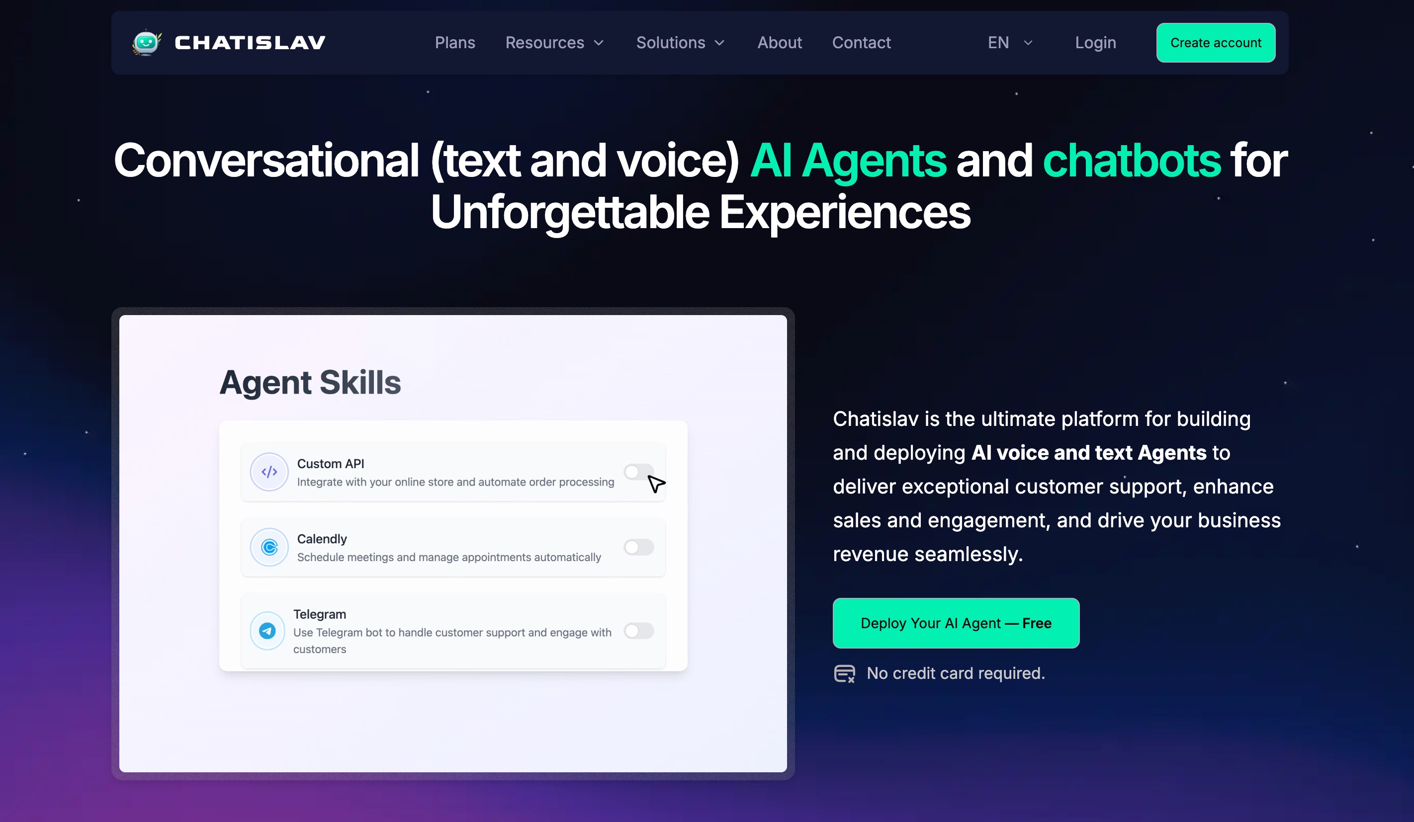 Chatislav home page headlined Conversational text and voice AI Agents and chatbots for Unforgettable Experiences, beside an Agent Skills panel listing custom API, Calendly and Telegram toggles