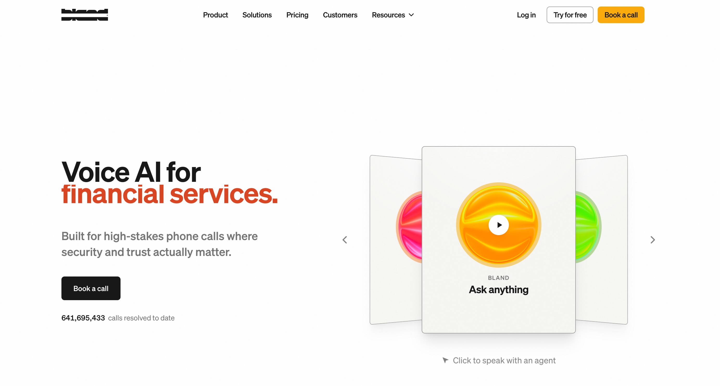 Bland home page headlined Voice AI for financial services, with a carousel of demo cards and a running count of calls resolved to date