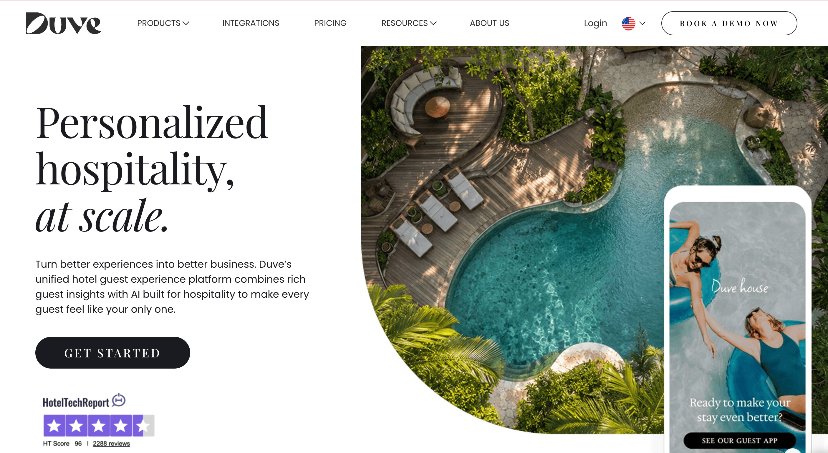 Duve home page headlined Personalized hospitality, at scale., beside an aerial photo of a hotel pool and a phone showing the guest app