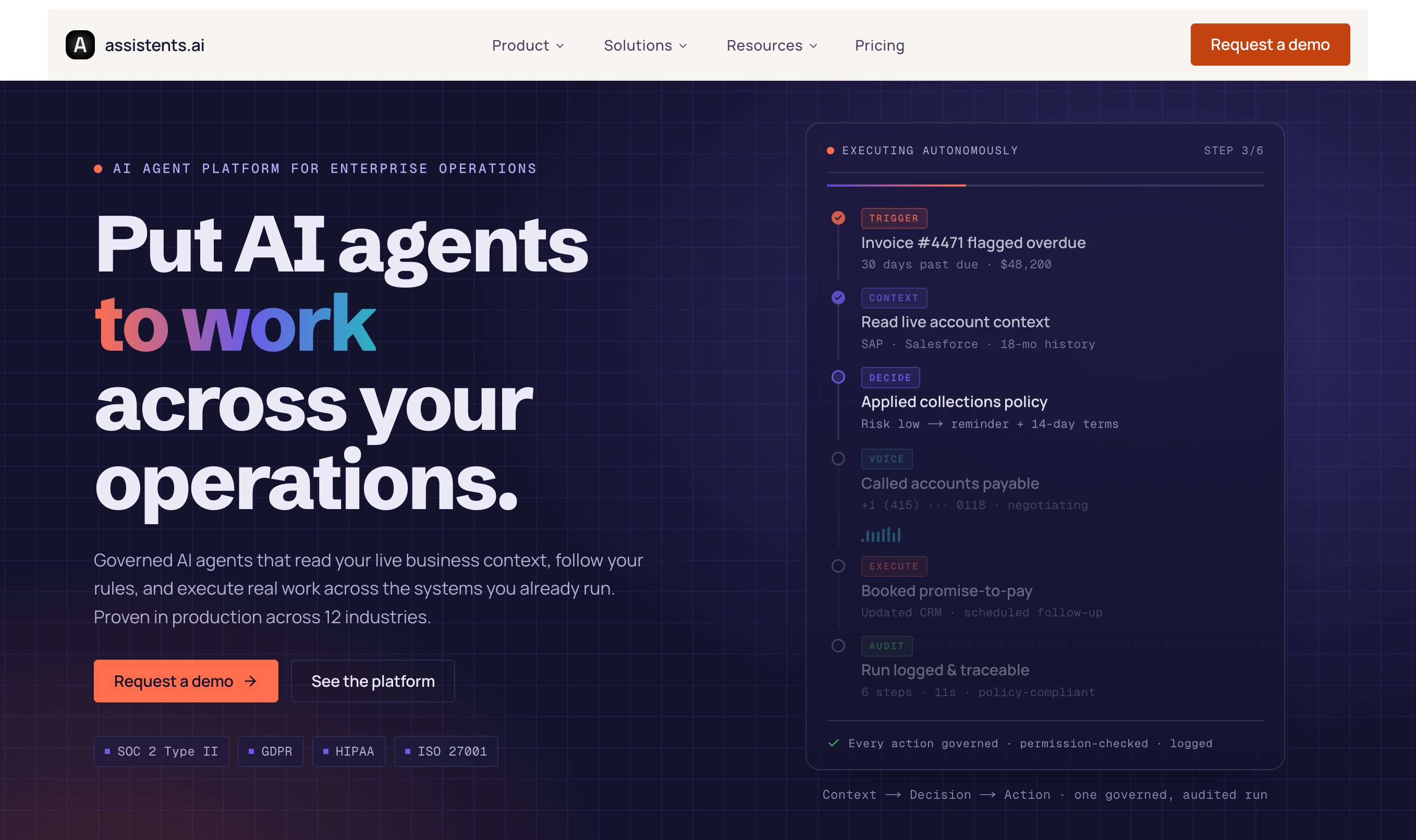 Assistents.ai home page headlined Put AI agents to work across your operations., beside an autonomous run panel stepping through trigger, context, decision and audit stages