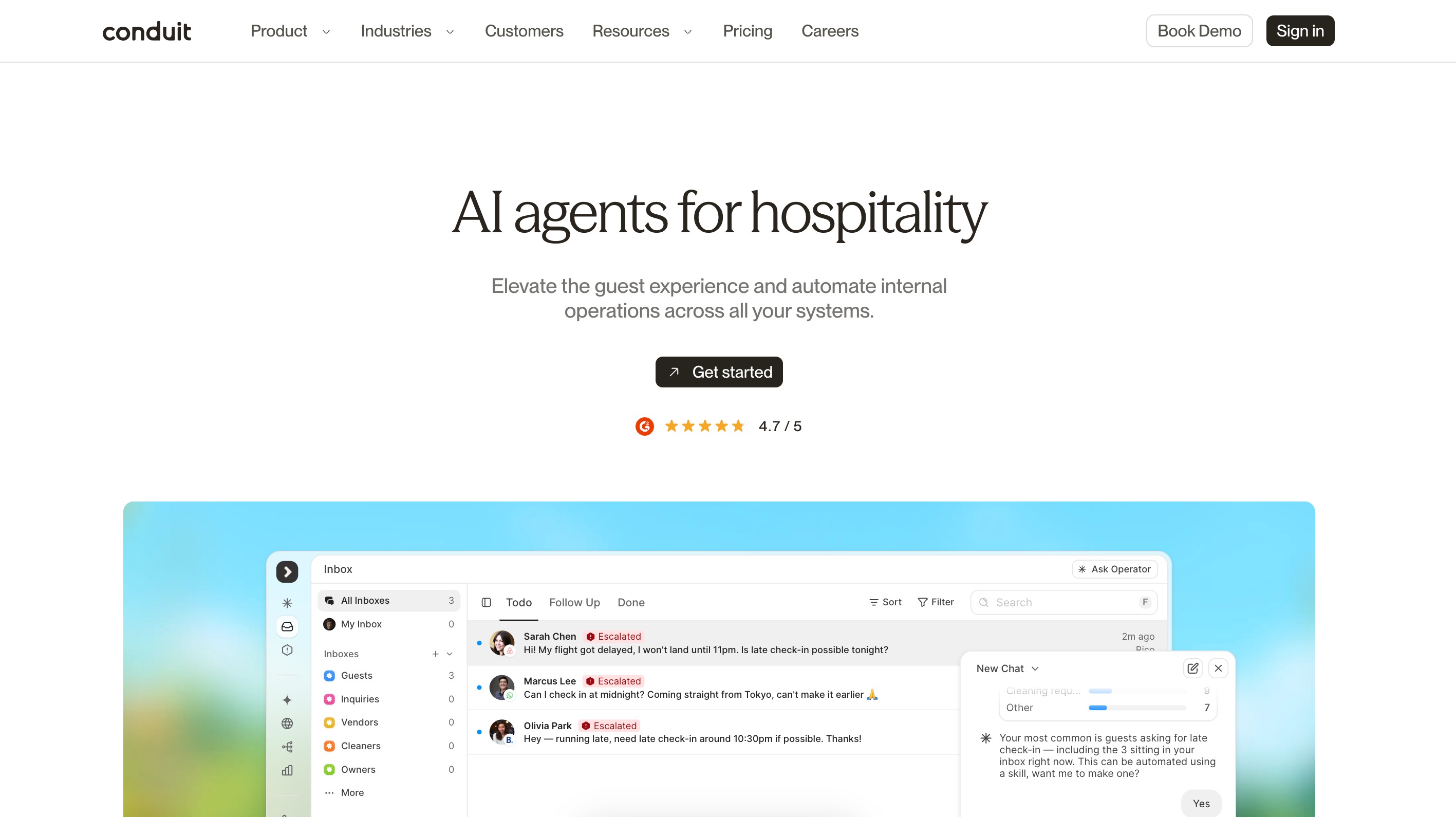 Conduit home page headlined AI agents for hospitality, above a shared guest inbox with escalated messages and a suggestion to automate late check-in requests