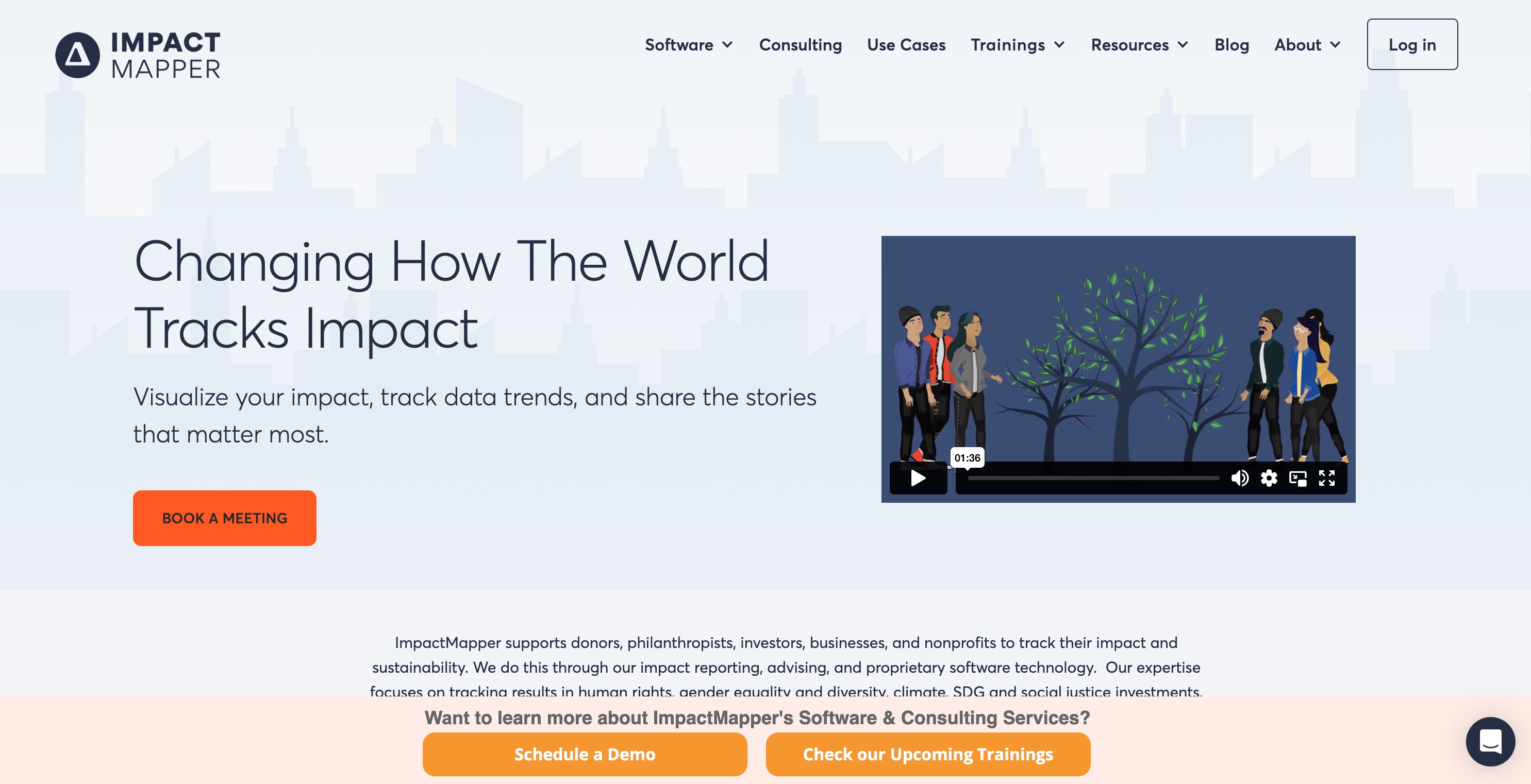 ImpactMapper home page headlined Changing How The World Tracks Impact, beside an embedded video panel and a Book a Meeting button