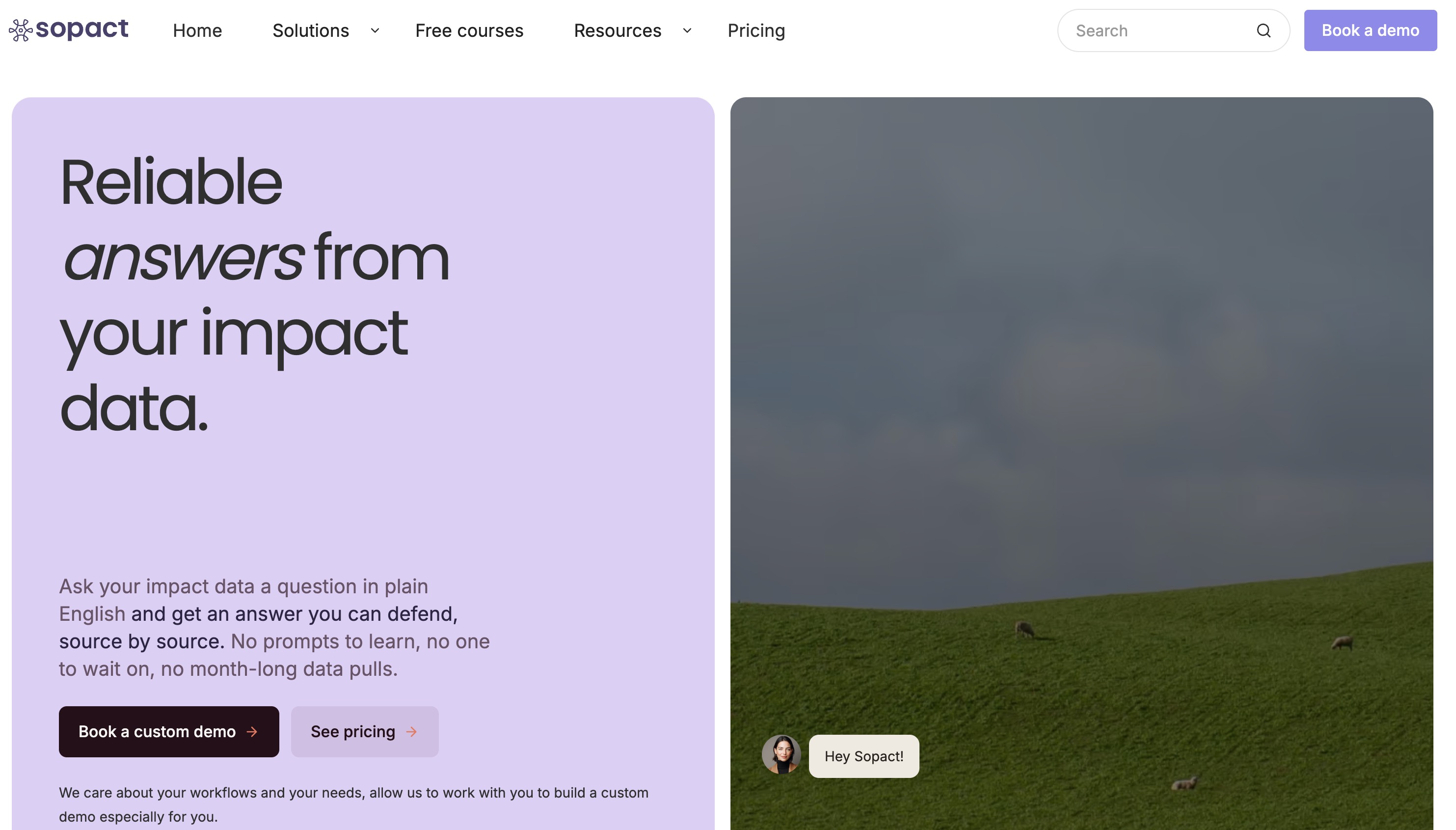 Sopact home page headlined Reliable answers from your impact data, with a note about asking impact data a question in plain English, source by source
