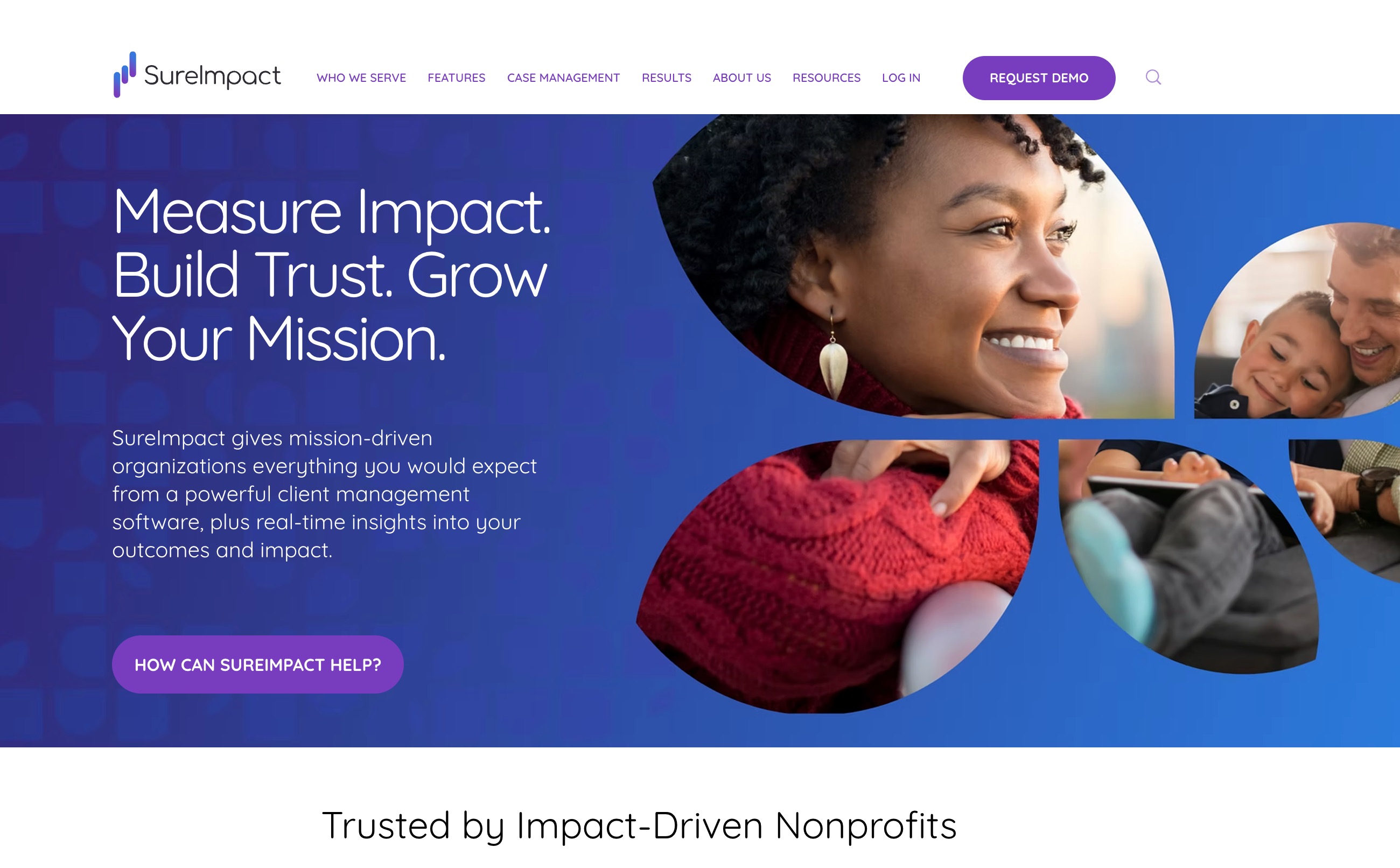 SureImpact home page headlined Measure Impact. Build Trust. Grow Your Mission., beside portrait photographs and above a Trusted by Impact-Driven Nonprofits line