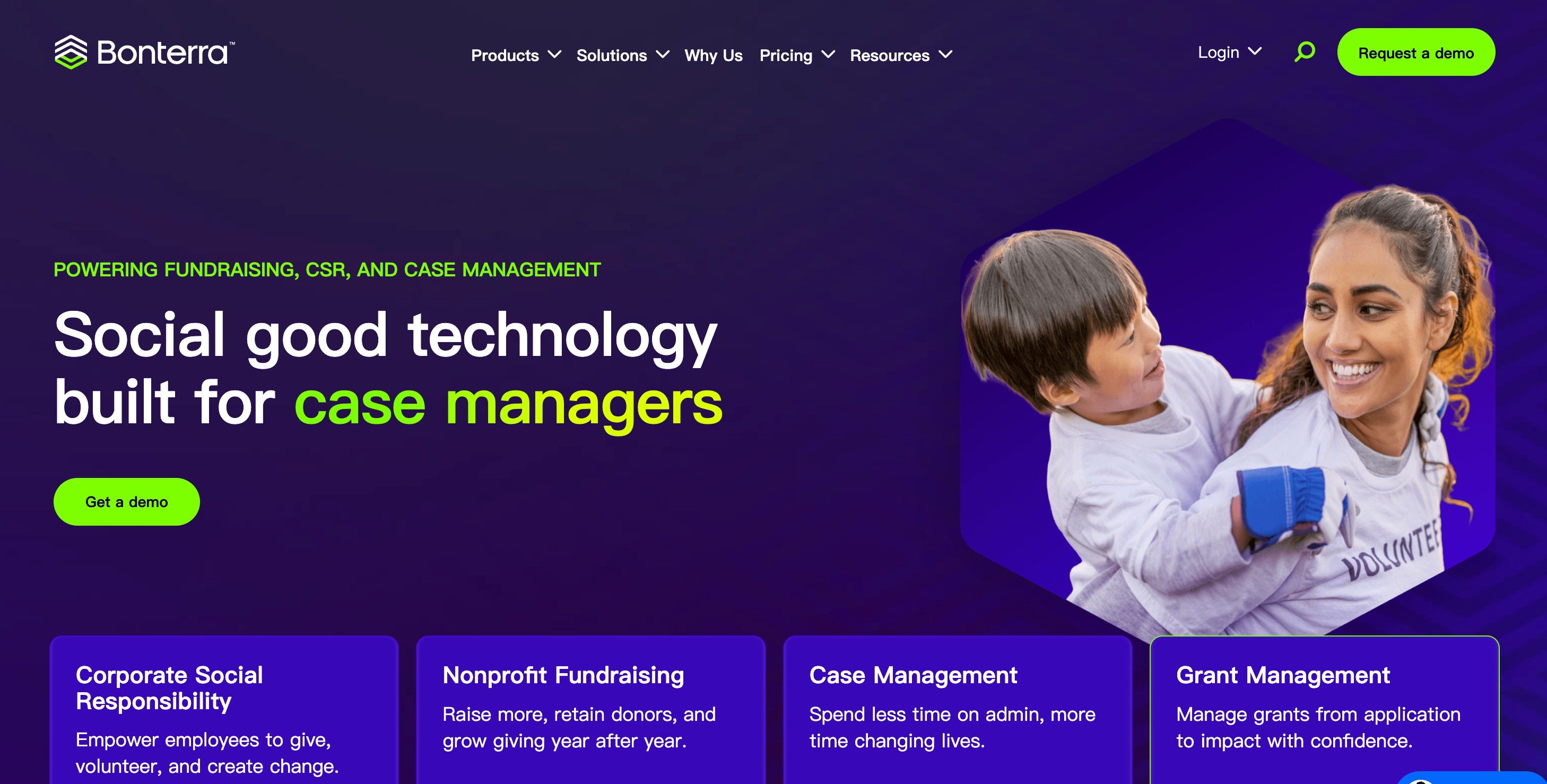 Bonterra home page headlined Social good technology built for case managers, above cards for corporate social responsibility, nonprofit fundraising, case management and grant management